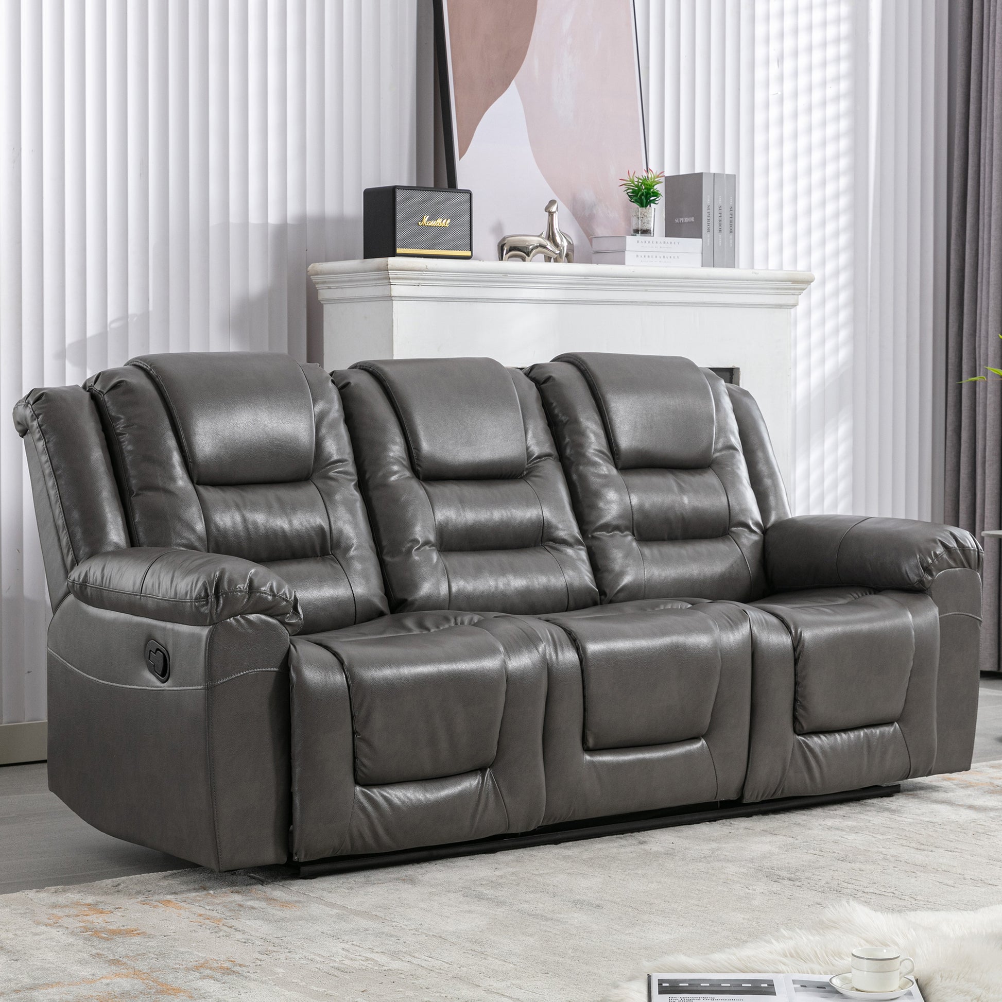 3 Seater Home Theater Recliner Manual Recliner Chair With Two Built In Cup Holders For Living Room,Bedroom, Grey Grey Foam Pu