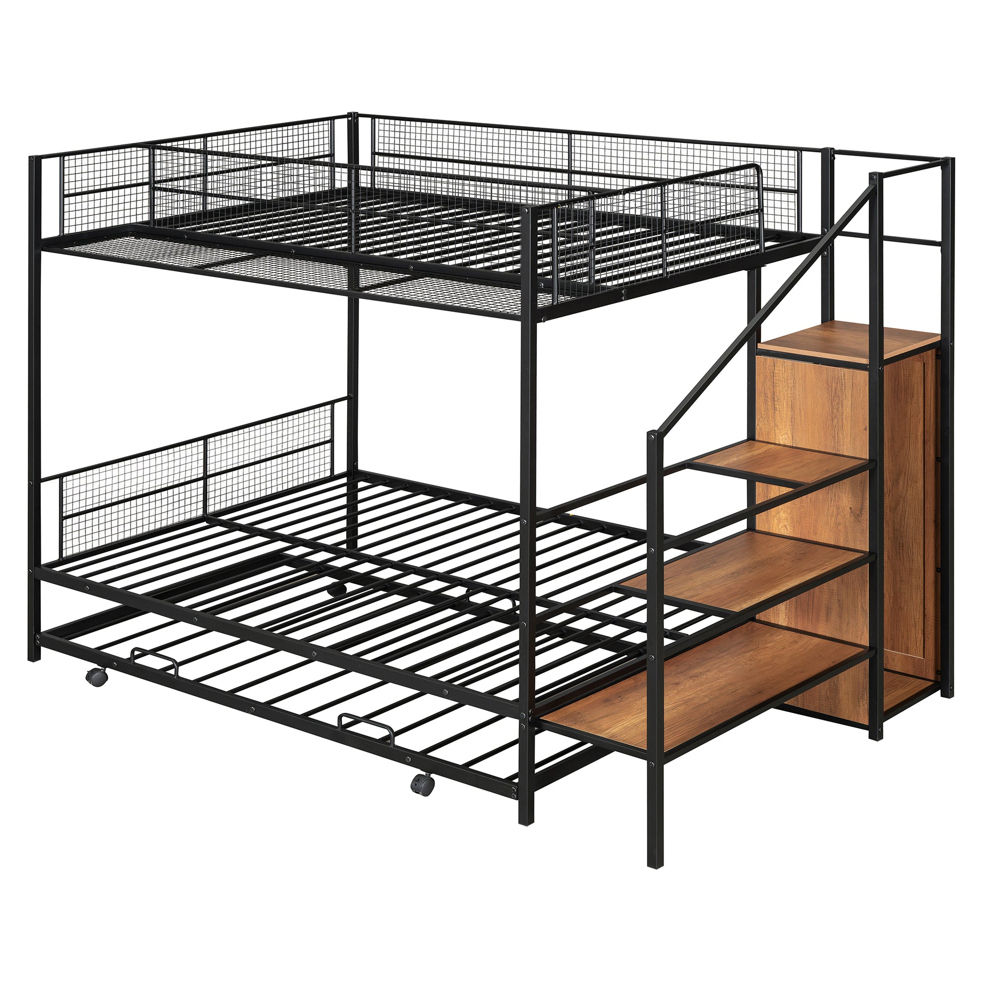 Twin Over Full Metal Bunk Bed With Trundle And Lateral Storage Ladder And Wardrobe, Black Black Metal