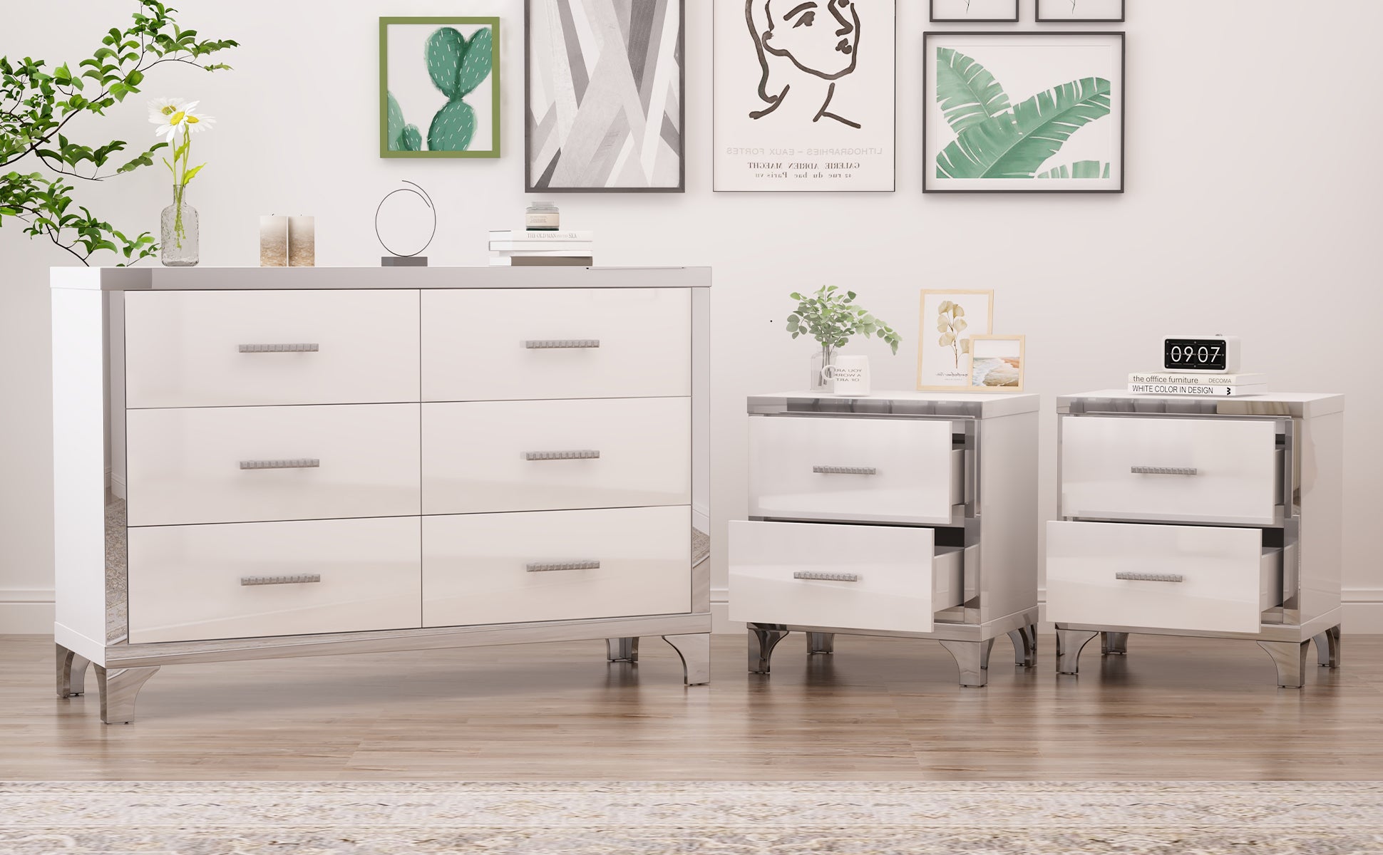 3 Pieces Sets,Dresser And Two Nightstands With Metal Handles And Mirror Decoration, Elegant And Subtle,White White 3 Piece Set Mdf