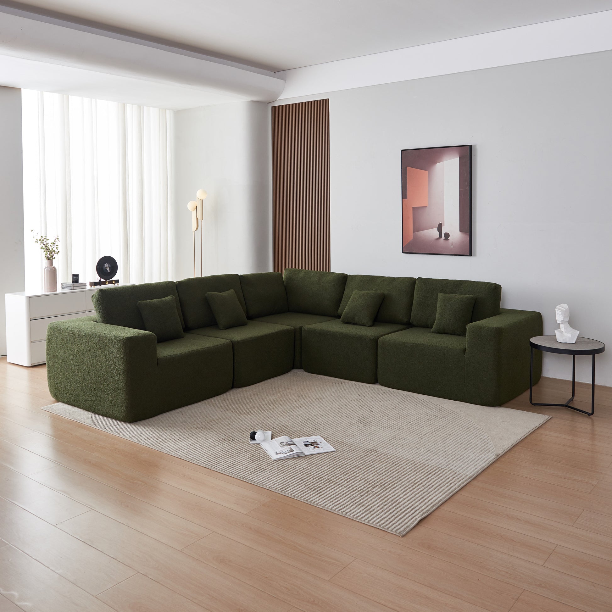 Luxury Modern U Shaped Sectional Sofa Couch, Large Modular Sherpa Fabric Couch For Living Room, High Density Foam, Comfortable, Easy Assembly, Perfect For Families And Entertaining Guests Green Medium Soft Foam Sherpa 5 Seat