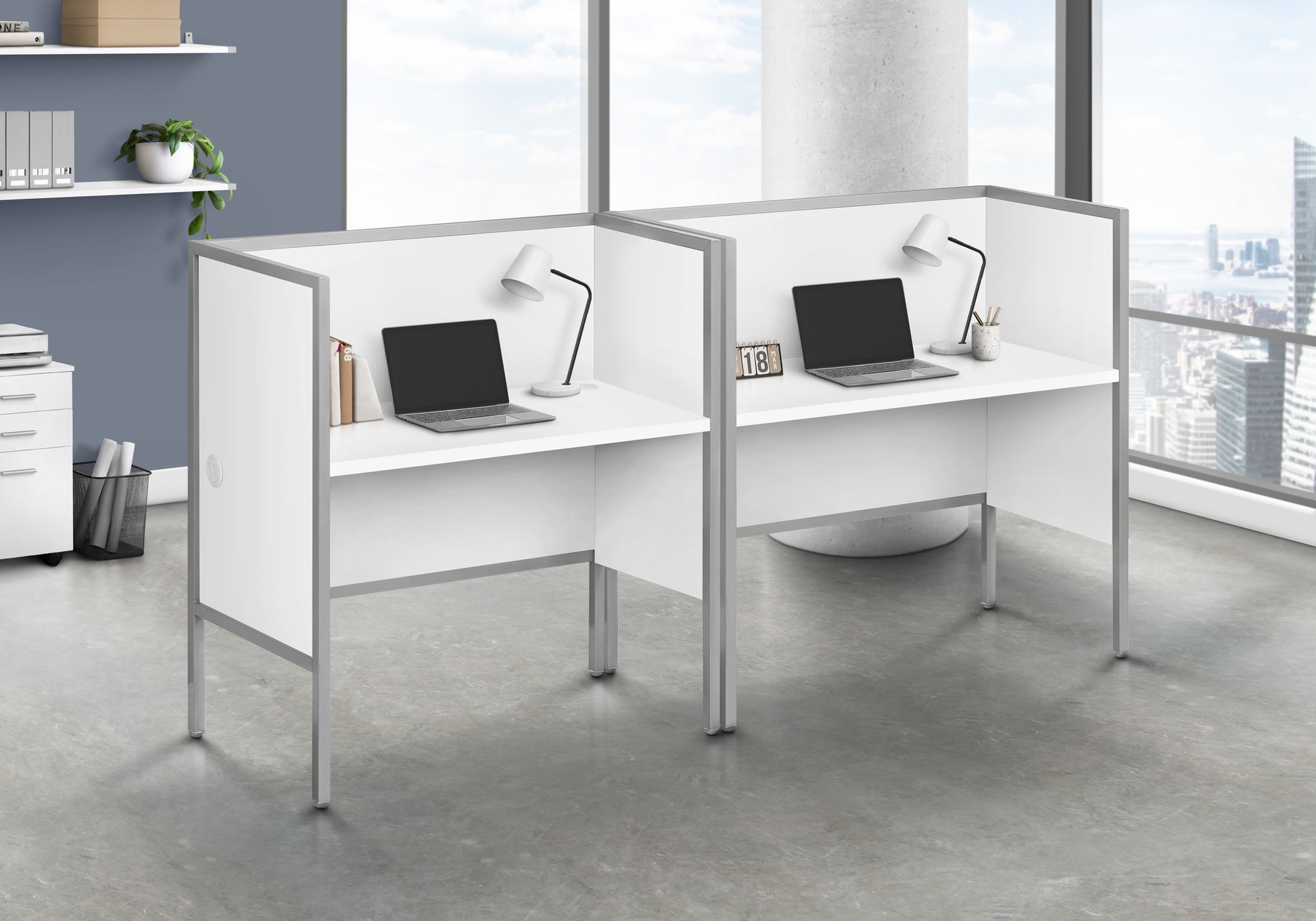 Office Cubicle, 48"L, Desk, Work, Commercial Grade, White Laminate, Silver Metal, Contemporary, Modern White Particle Board