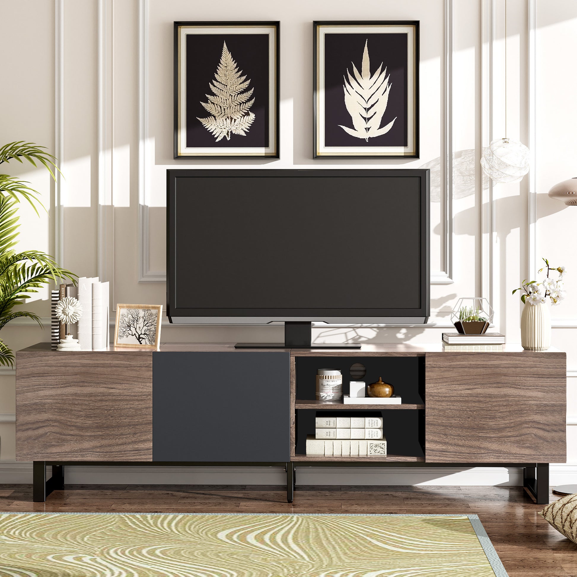 Modern Tv With 3 Cabinets& Open Shelves, Color Matching Media Console Table For Tvs Up To 80'', Entertainment Center With Drop Down Door For Living Room, Bedroom, Home Theatre Dark Brown Primary