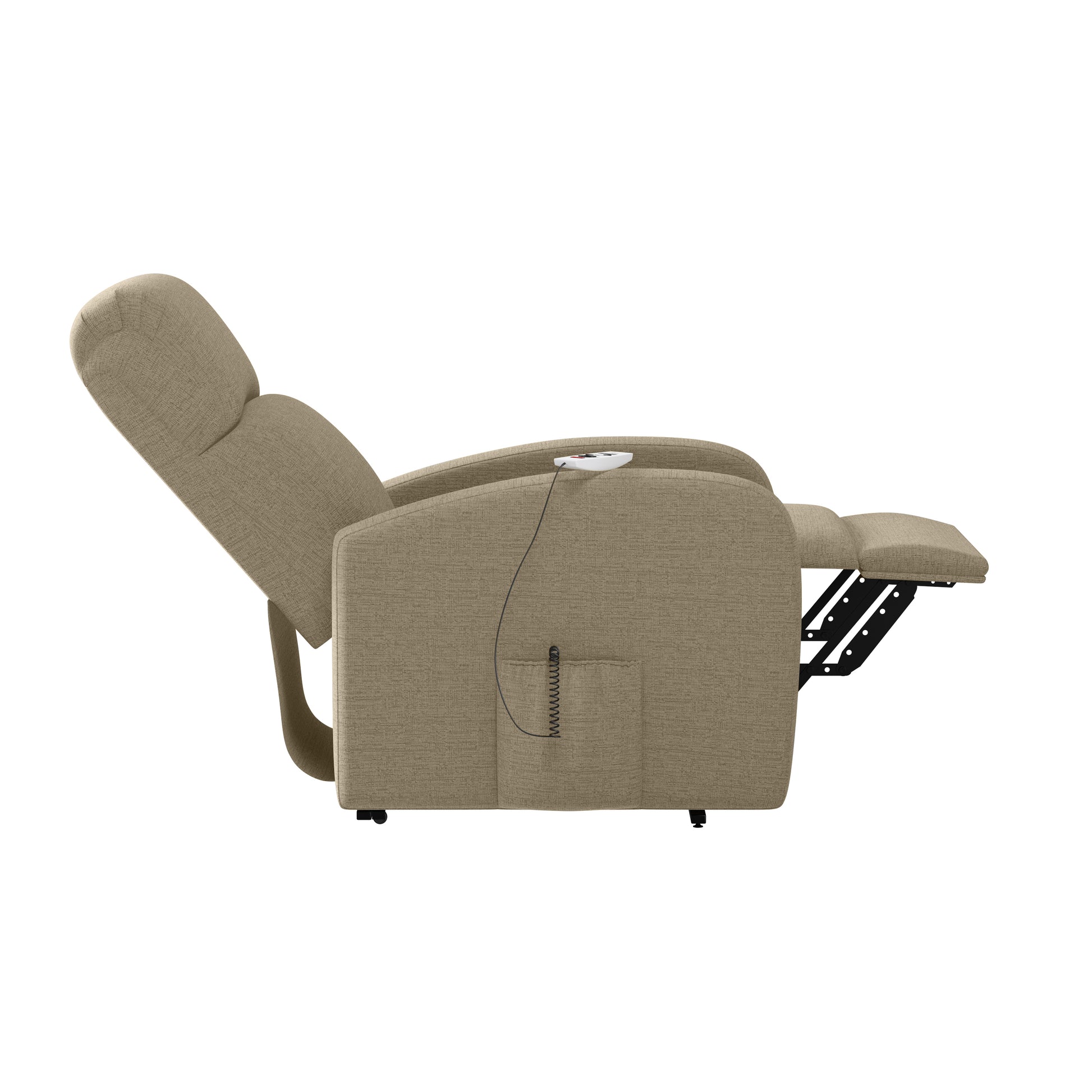 The Sandy Recliner Chair Tan Polyester Power Remote Wood Soft Cushion Back Push Button Fiber Foam Pads Polyester