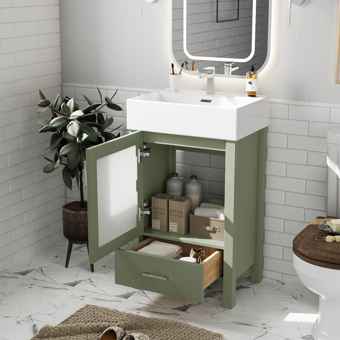 20 Inch Bathroom Vanity With Ceramic Sink Andstorage Ideal For Small Bathrooms Green Bathroom Solid Wood Mdf