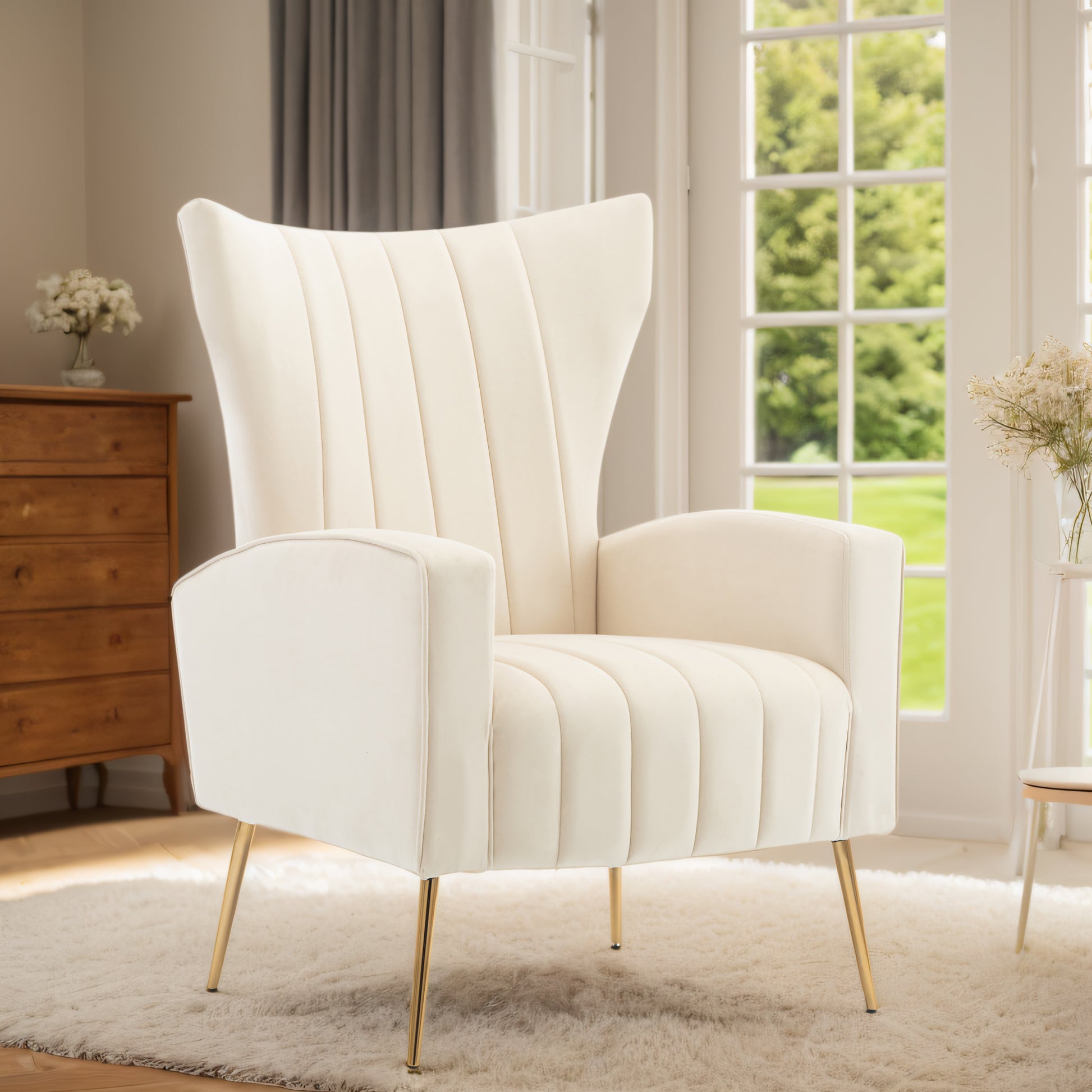 Velvet Accent Chair With Table, Wingback Arm Chair With Gold Legs, Upholstered Single Sofa For Living Room Bedroom, White White Velvet 1 Seat