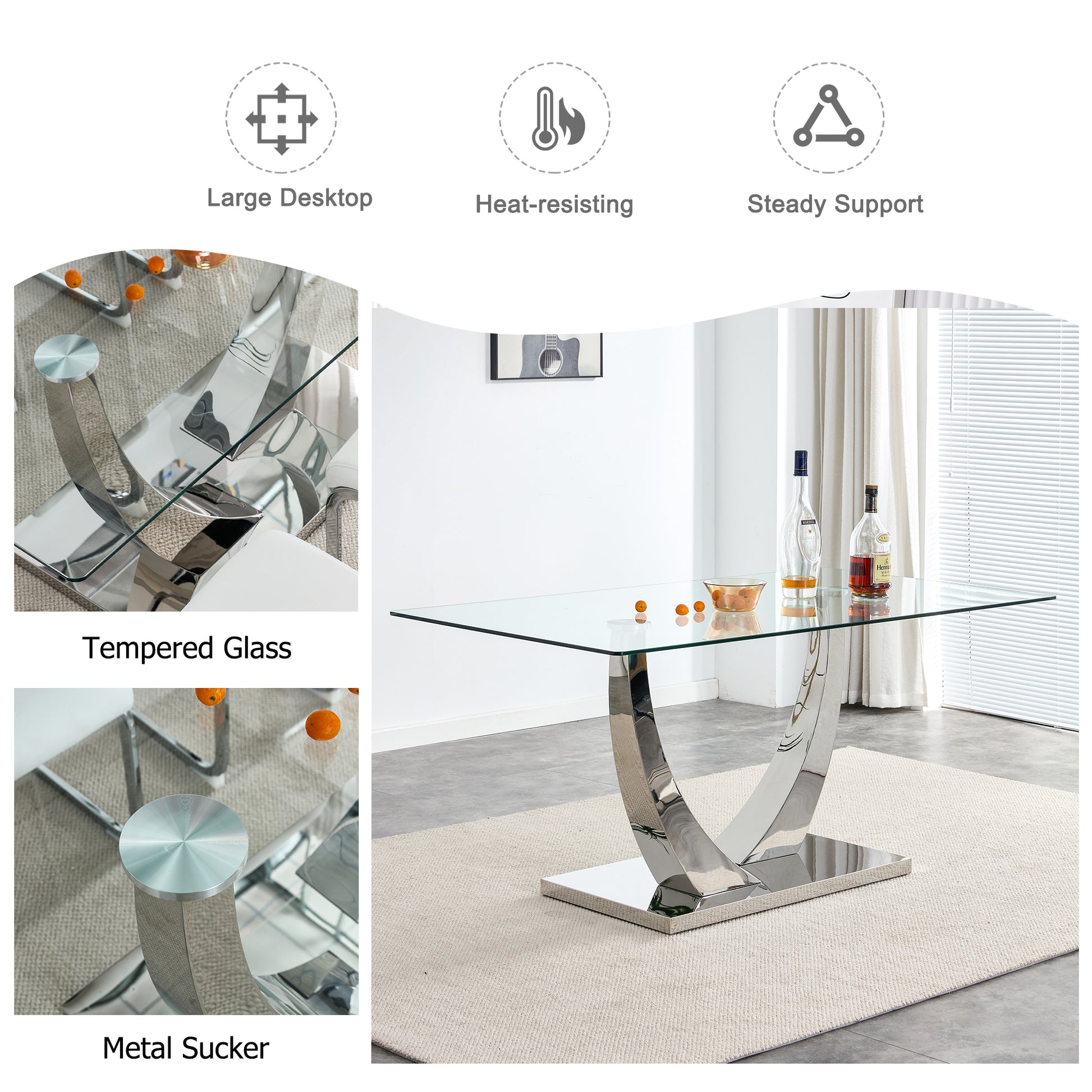 Table And Chair Set.Contemporary, Minimalist Rectangular Dining Table Featuring A Clear Tempered Glass Top And Sleek Silver Legs. Paried With Chairs Made Of Pu Material Cushion And Silver Metal Legs. Light Gray Seats 6 Glass Metal