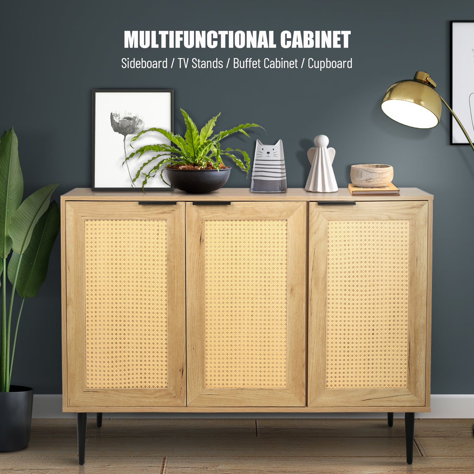 47.24 '' Wide Elegant Kitchen Buffet Storage Cabinet With 3 Rattan Doors For Bedroom Living Room Kitchen Cupboard Wooden Furniture With 3 Tier Shelving ,Natural Color Natural Particle Board