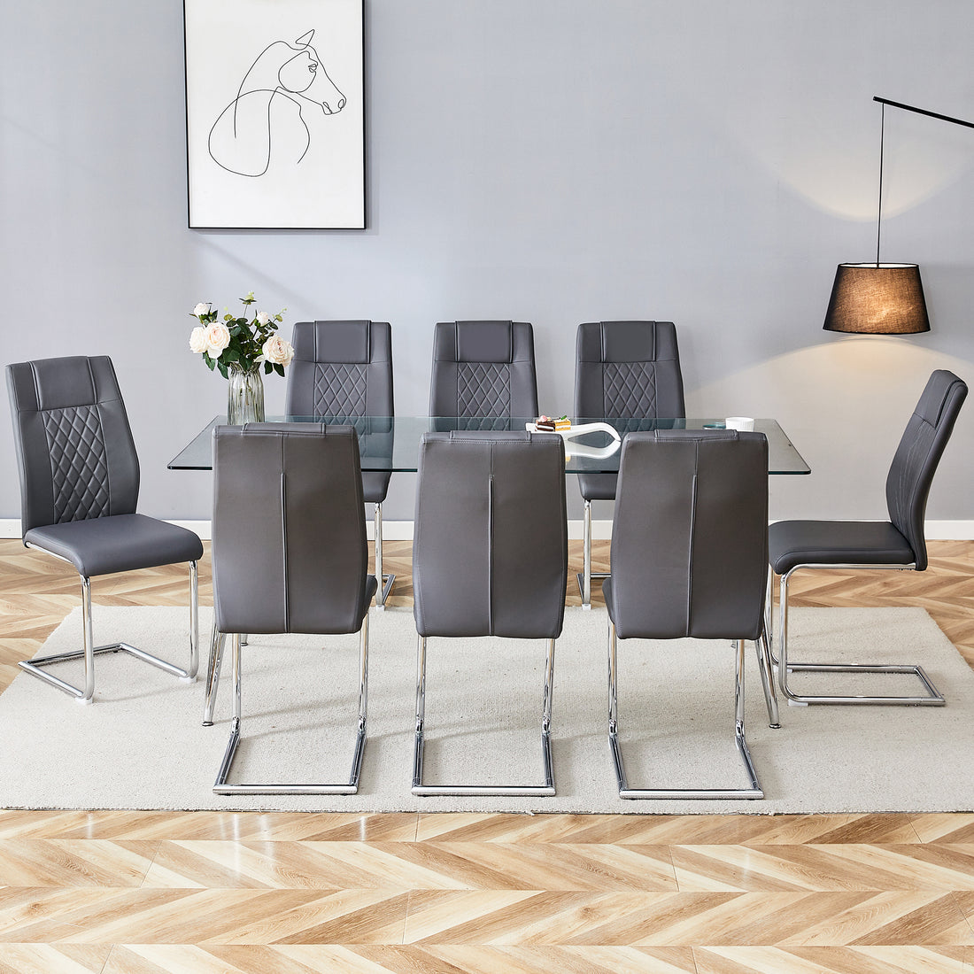 Table And Chair Set.Modern Rectangular Glass Dining Table With A Tempered Glass Tabletop And Silver Metal Legs, Paired With Multiple Chairs Designed With Pu Cushions And Silver Metal Legs. Gray Silver Seats 8 Tempered Glass