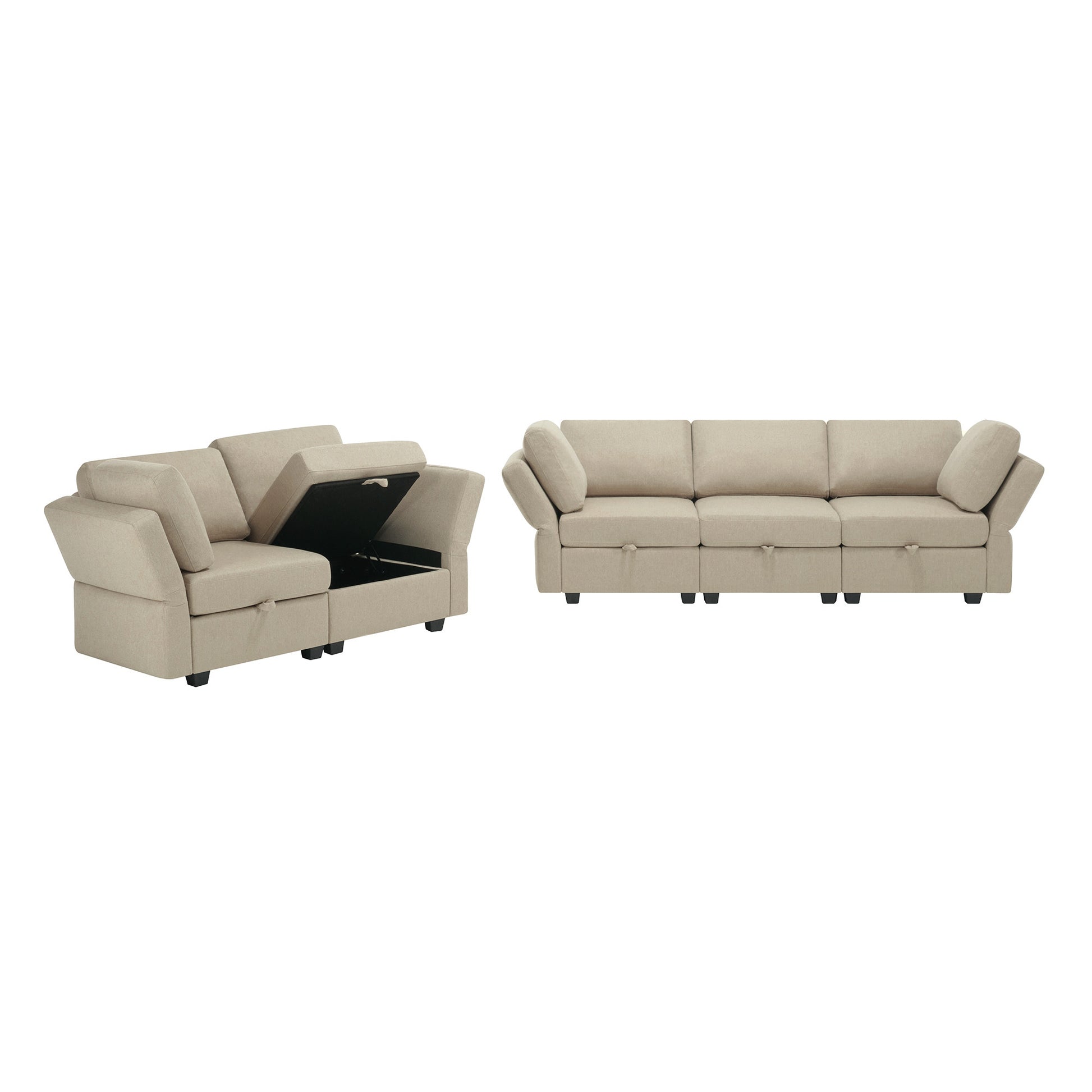 Living Room Sofa Set With 3 Seat Couch And 2 Seat Loveseat, Hidden Storage Under Seat, Soft Back Cushions And Arm Cushionsadjustable Arms And Backs Beige Beige Polyester 5 Seat