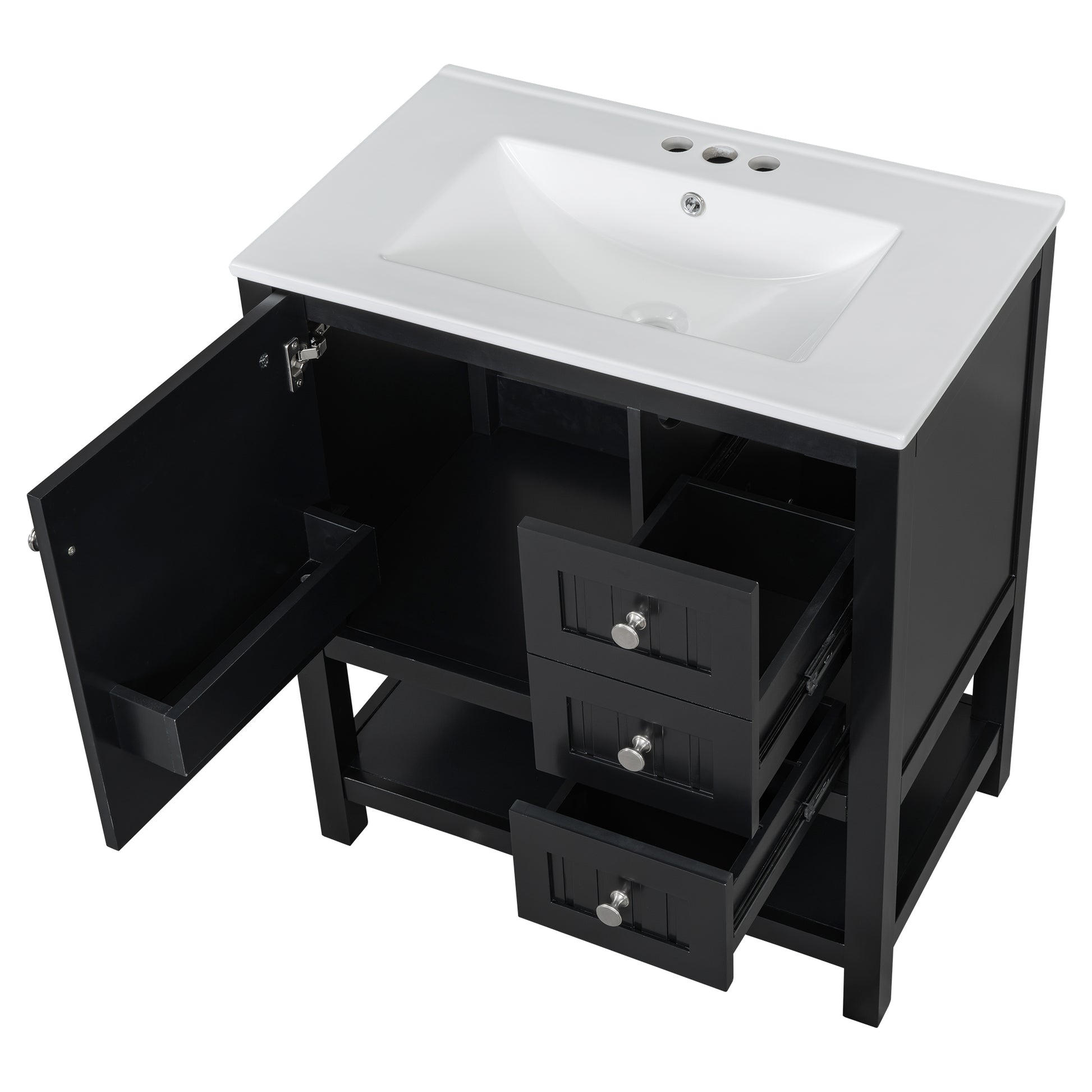 30Inch Transitional Style Bathroom Vanity Cabinet Combo With Ceramic Sink,Soft Close Door Black Bathroom Solid Wood Mdf