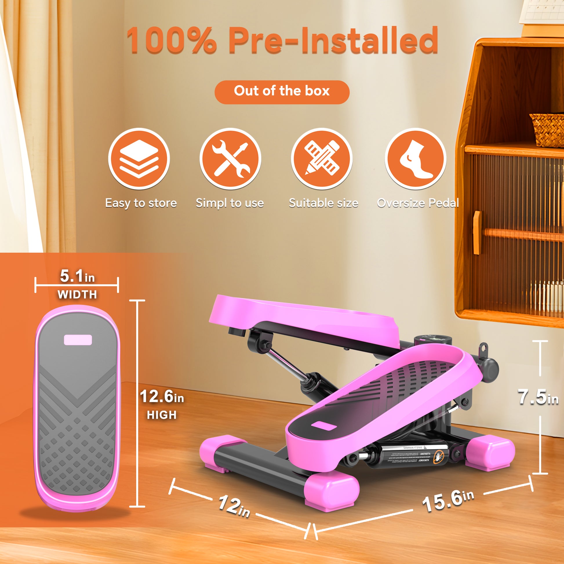 Home Office Exercise 330Lbs Capacity Mini Stepper With Resistance Bands And Lcd Monitor Pink Black Steel