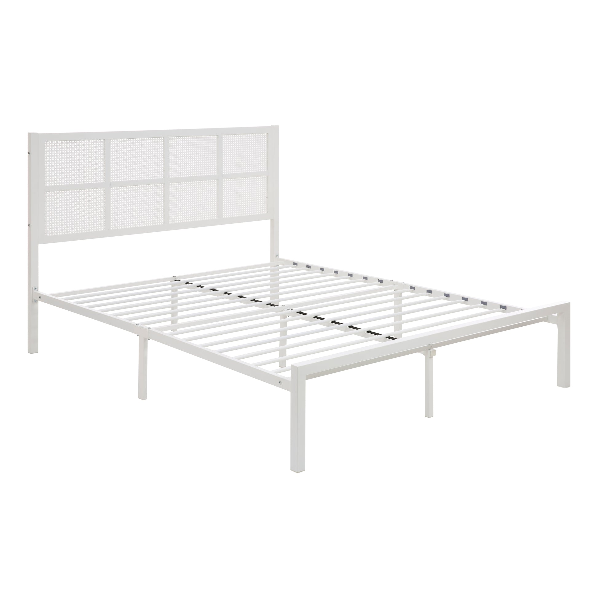 1Pc Eastern King Platform Bed, Metal Frame White Finish Faux Cane Panel Headboard Casual Coastal Bedroom Furniture, Bed In A Box Box Spring Not Required King White Metal Bedroom Casual,Coastal Metal