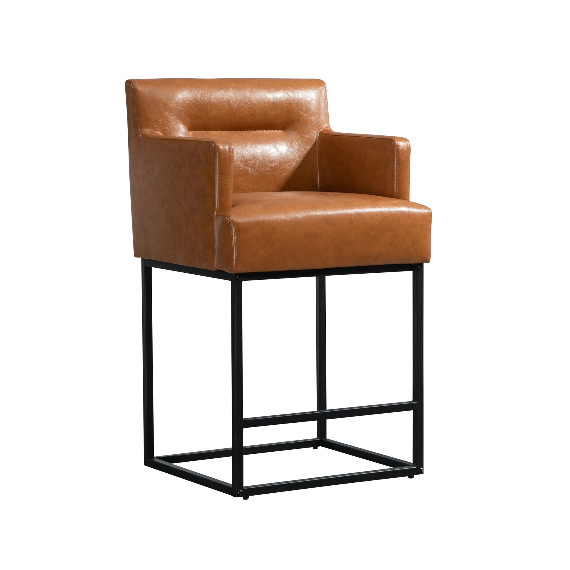 Coolmore Counter Height Bar Stools Set Of 2, Modern Barrel Bar Stool With Backrest And Arms, Black Metal Frames, Upholstered Bar Stools For Kitchen Island, Pub, Club Light Brown Foam Pu Leather