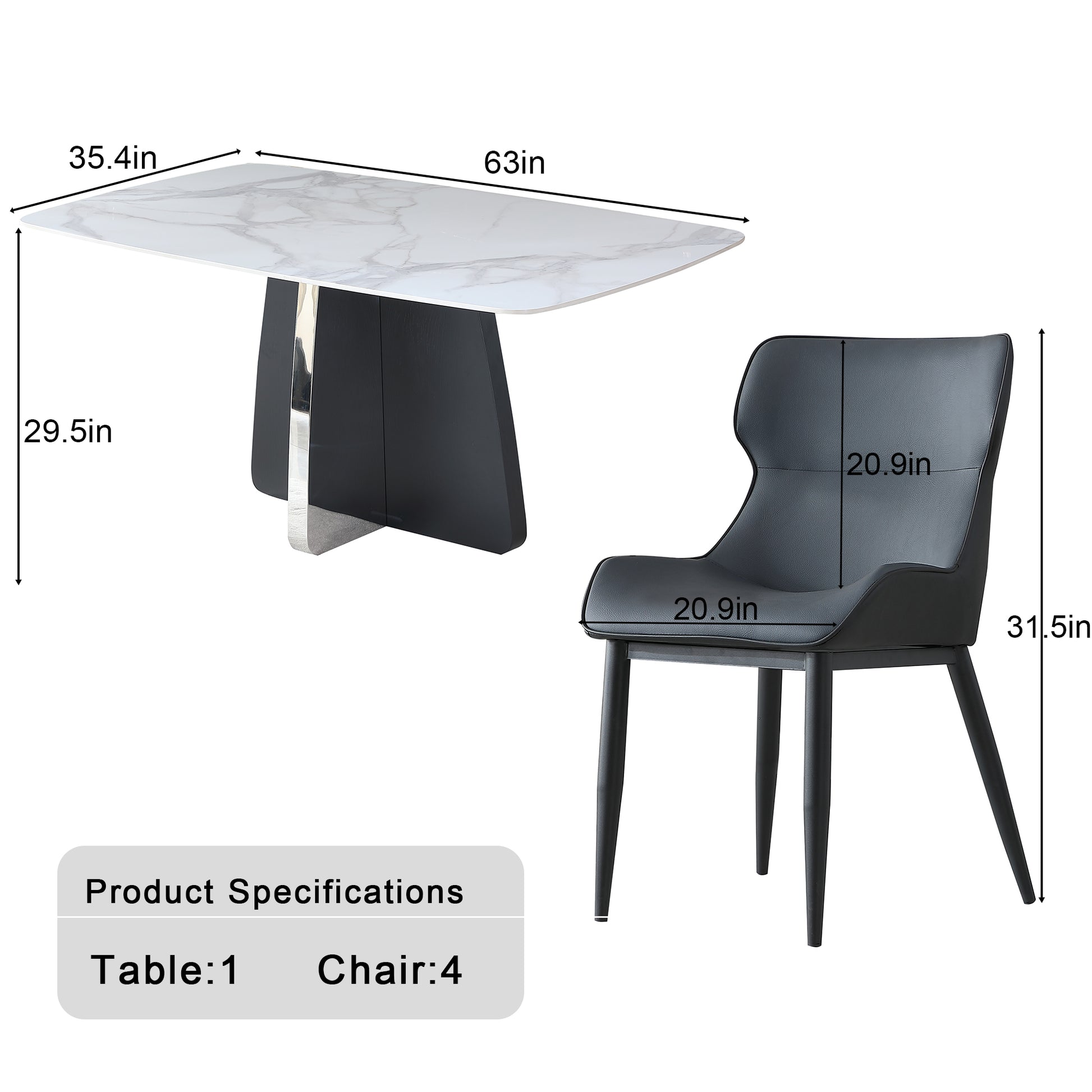 Modern Dining Table For 4, White Dining Table Sintered Stone Dining Table Top With Stainless Steel Base, 63 Inch Modern Luxury White Rectangular Dining Table 4 Chairs Black Dark Walnut Dining Room