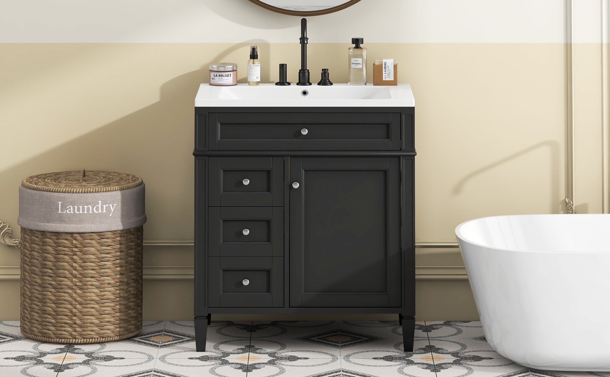 30'' Bathroom Vanity With Top Sink, Modern Bathroom Storage Cabinet With 2 Drawers And A Tip Out Drawer, Single Sink Bathroom Vanity Black Bathroom Solid Wood Mdf