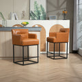 Coolmore Counter Height Bar Stools Set Of 2, Modern Barrel Bar Stool With Backrest And Arms, Black Metal Frames, Upholstered Bar Stools For Kitchen Island, Pub, Club Light Brown Foam Pu Leather