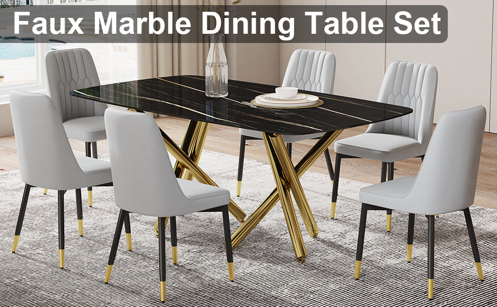 Large Modern Minimalist Rectangular Dining Table With 0.39 "Imitation Marble Black Desktop And Gold Metal Legs, Paired With 6 Chairs With Pu Cushions And Black Metal Legs.F 1538 C 007 Black Gold Glass Metal