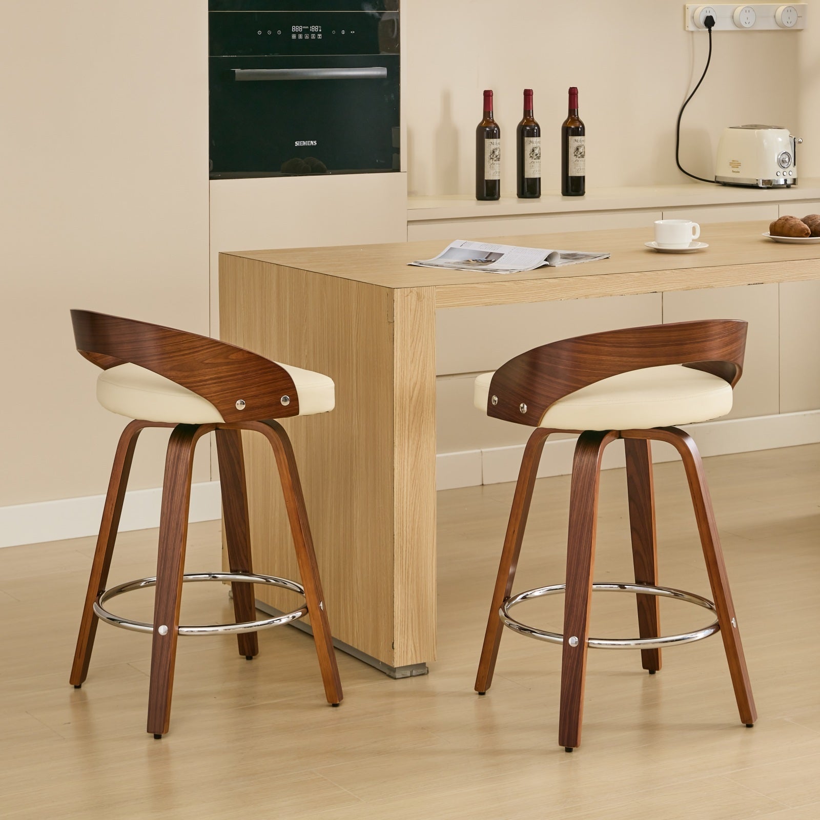 Bar Stools Set Of 2, Swivel Bar Height Stools With Low Back, Wood Bar Chairs With Soft Cushion Seat, 25 Inch Seat Height Beige, 25" Counter Height Beige Dining Room American Design,Classic Set Of 2 Foam Pu Leather