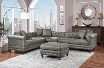 Slate Grey 4Pc Sectional Set 3X Reversible Loveseat Chaise And 1X Ottoman Tufted Couch Pillows Light Slate Grey Faux Leather Wood Primary Living Space Tight Back Contemporary,Luxury,Traditional