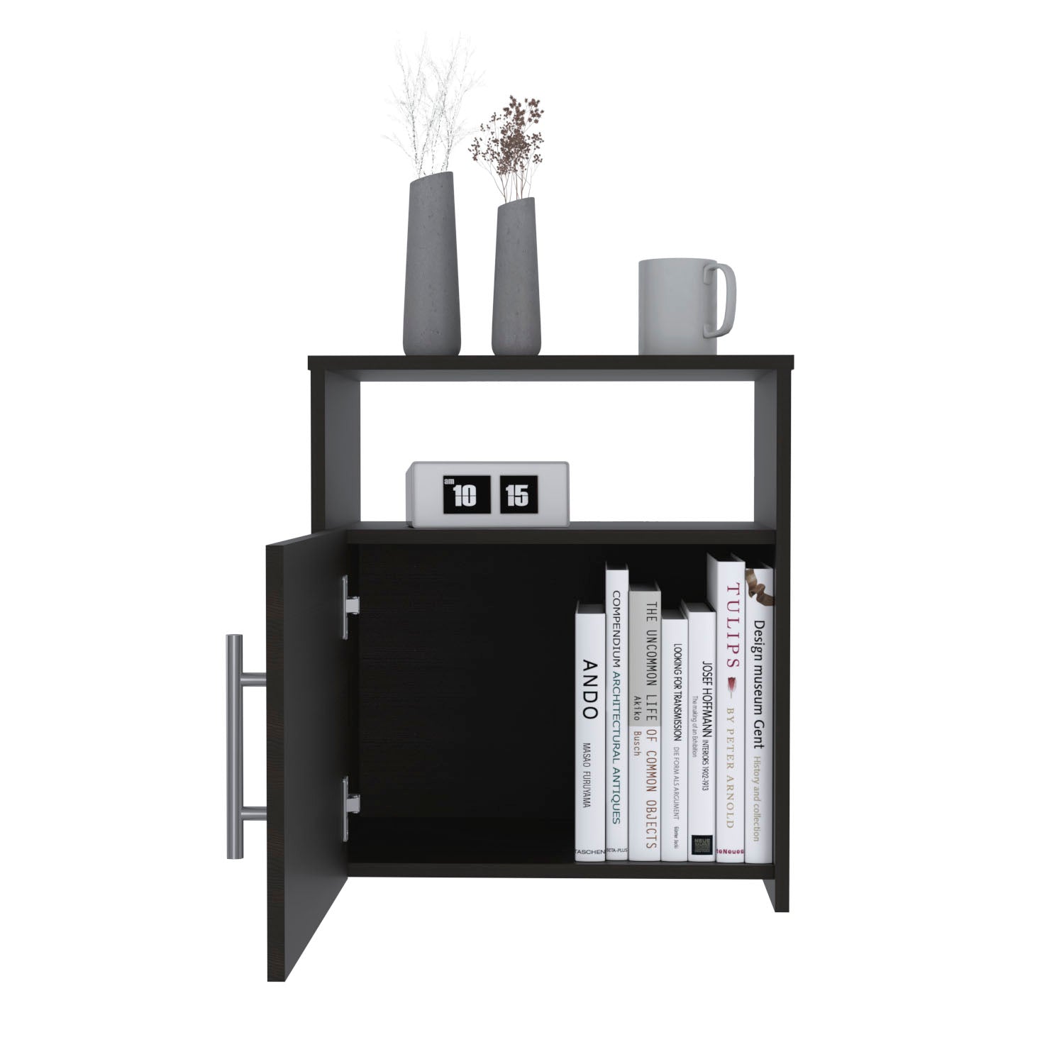 Nightstand Cuarzz, One Cabinet, Black Wengue Finish Black Particle Board