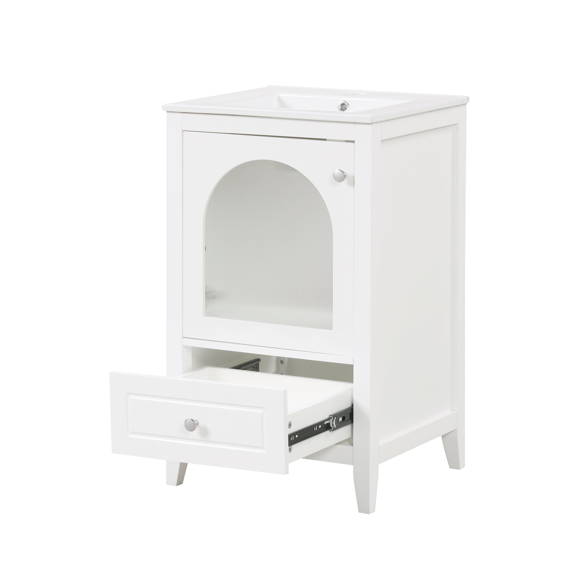 20" Bathroom Vanity With Sink, Bathroom Cabinet With Soft Closing Glass Door, A Drawer, White White Mdf