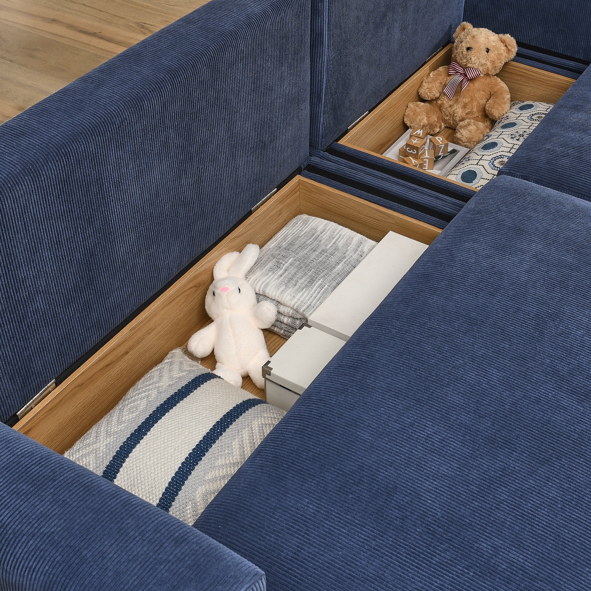Modular Corduroy Upholstered 3 Seater Sofa Bed With Storage For Home Apartment Office Living Room, Free Combination, L Shapedblue Blue Wood Primary Living Space Medium Soft Pillow Back Eucalyptus Square Arms Foam Corduroy 3 Seat