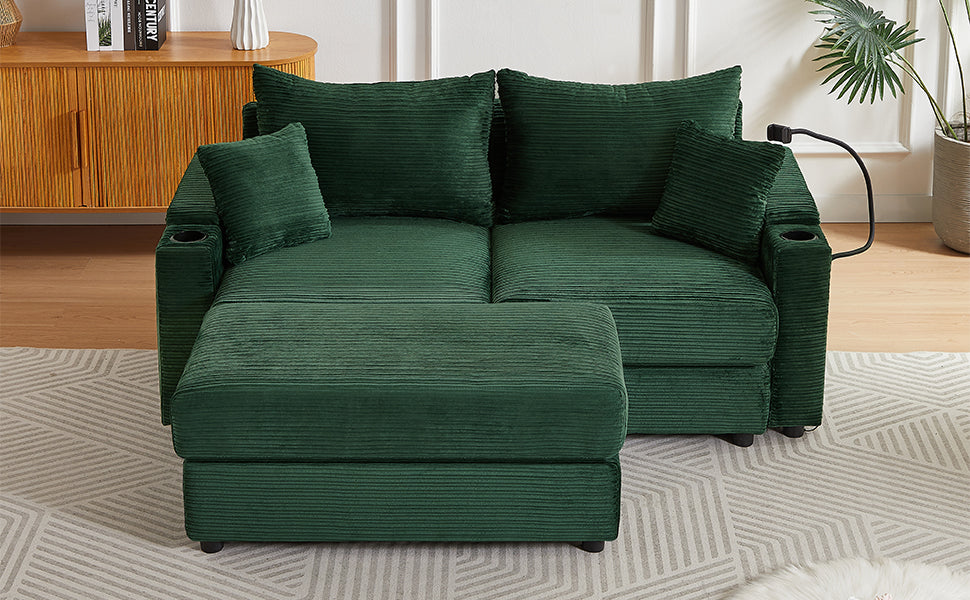 72.8" Modern Style Loveseat Sofa Sectional Sofa Couch With Storage Space, A Movable Ottoman, Two Usb Ports, Two Cup Holders, A Phone Holder For Living Room, Green Green Foam Corduroy 3 Seat