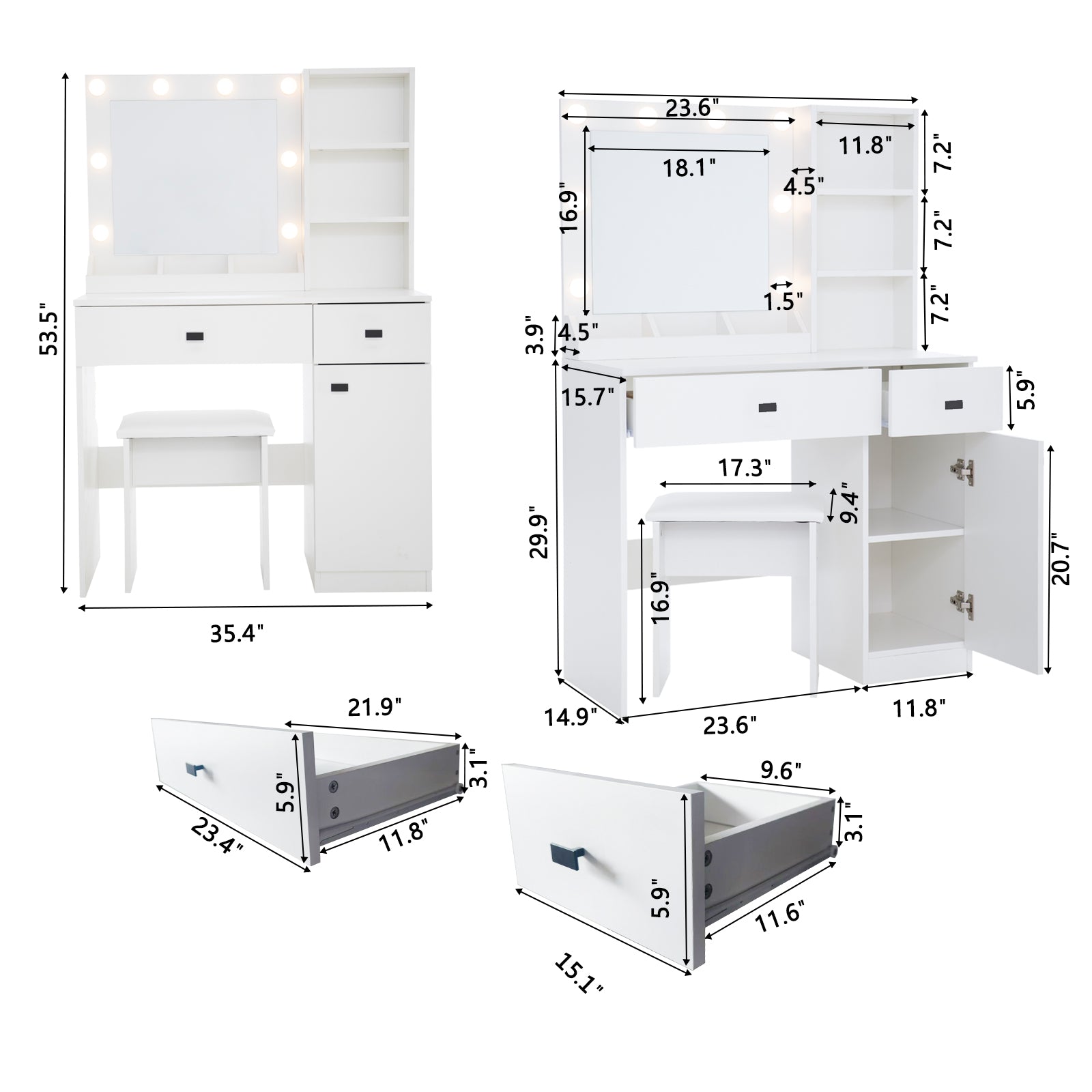 Vanity Desk With Lights, Vanity Set With Mirror, Makeup Vanity Desk With Large Drawers & Three Level Storage Dreeser, Vanitys Vanities With 3 Lights Brightness Adjustable For Bedroom, White Hinged White Drawer 2 Drawers Bedroom Extra Deep Drawers Modern