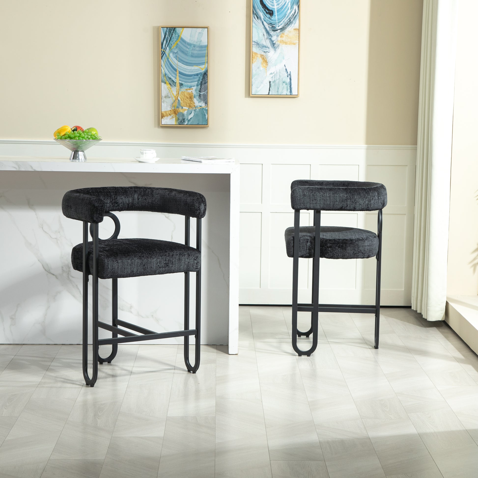 Coolmore Bar Stools Set Of 1, Modern Bar Stool With Back, Black Metal Frames, Upholstered Bar Stools For Kitchen Island, Pub, Club Black Chenille Black Primary Living Space Foam Chenille