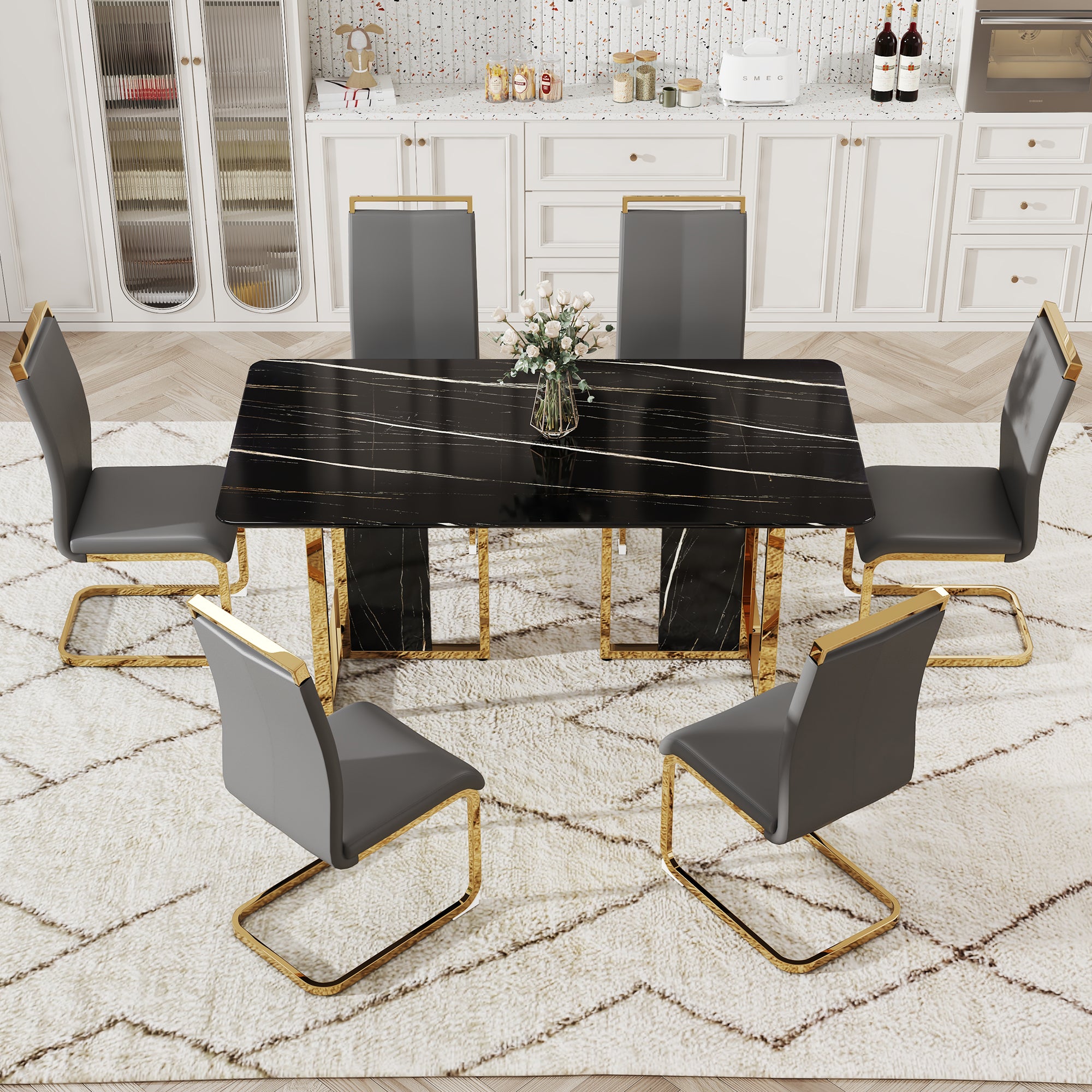 Table And Chair Set. Modern Dining Table With Mdf Top And Beautiful Mdf Legs. Equipped With Comfortable Pu Chairs And Metal Legs. Suitable For A Wide Range Of Decorative Styles. Black,Gray Seats 6 Mdf