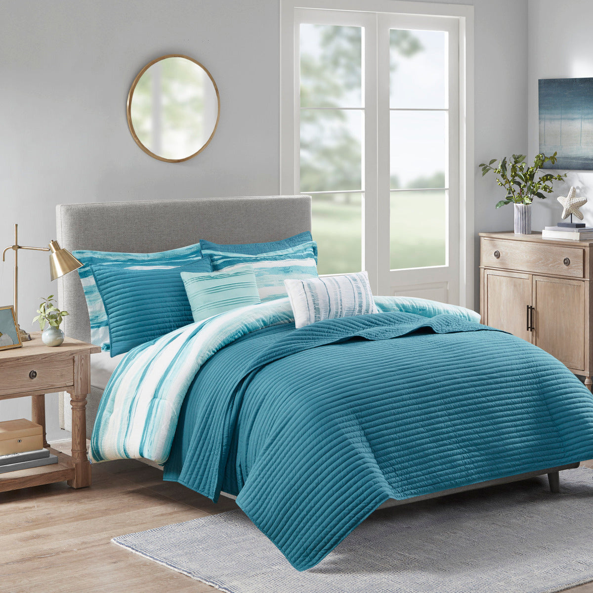 8 Piece Printed Seersucker Comforter And Quilt Set Collection Aqua Full Queen Full Aqua Polyester