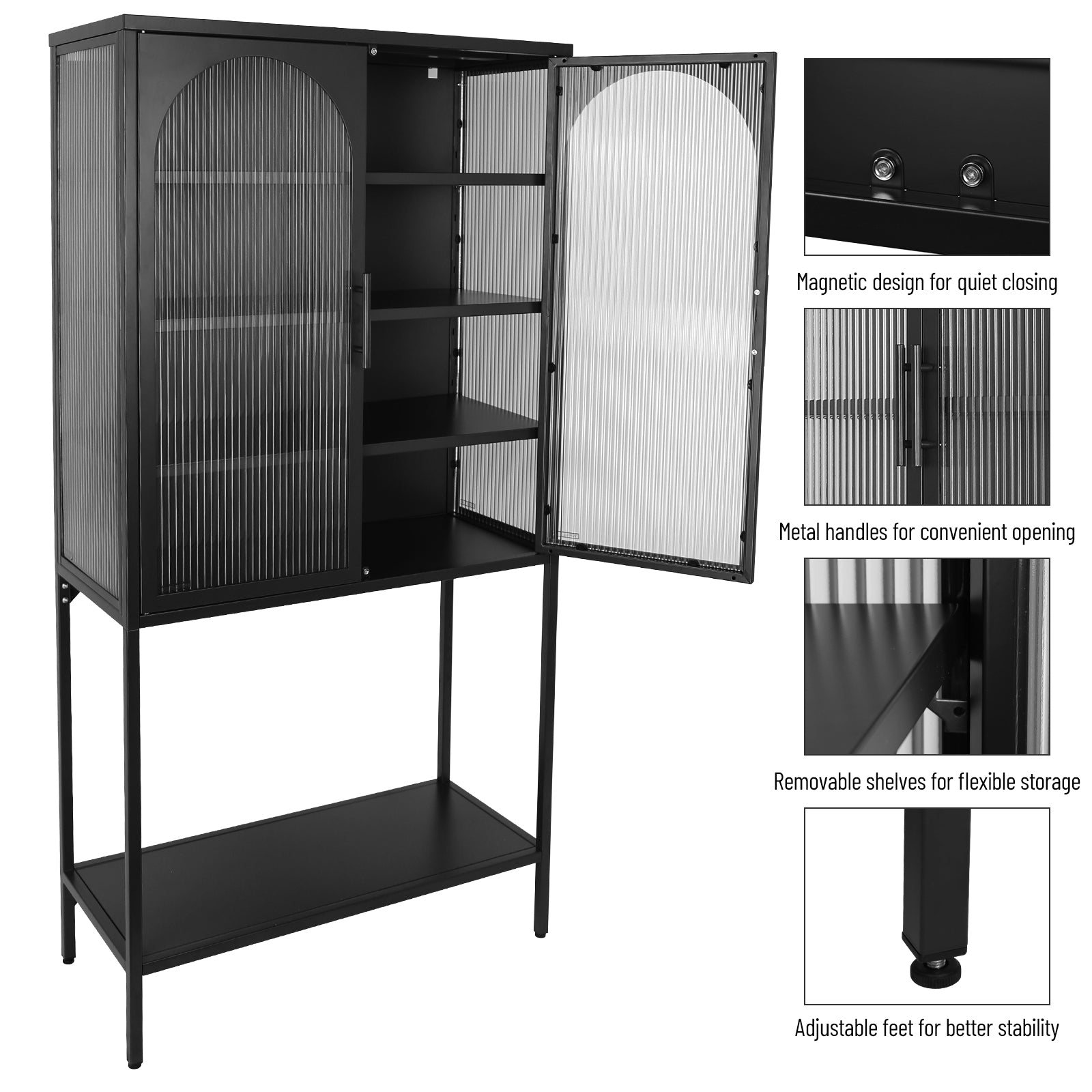 Elegant Floor Cabinet With 2 Glass Arched Doors Living Room Display Cabinet With Adjustable Shelves Anti Tip Dust Free Easy Assembly Black Black Tempered Glass Sheet Metal Plastic