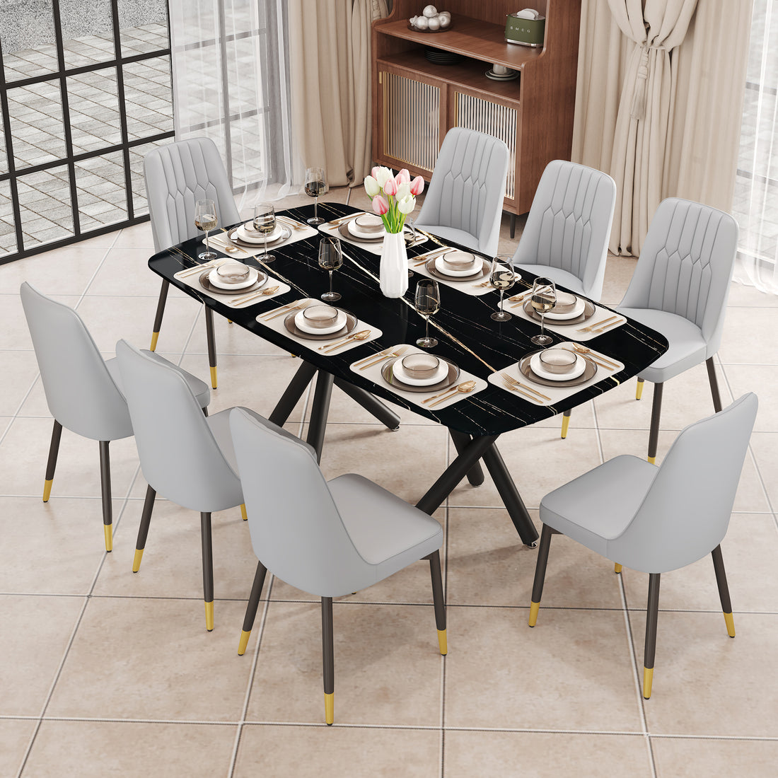 1 Table And 8 Chairs Set.A Rectangular Dining Table With A Imitation Marble Black Table Top And Black Metal Legs.Paired With 8 Chairs With Pu Leather Seat Cushion And Black Metal Legs.F 1538,C 007 Black Glass Metal