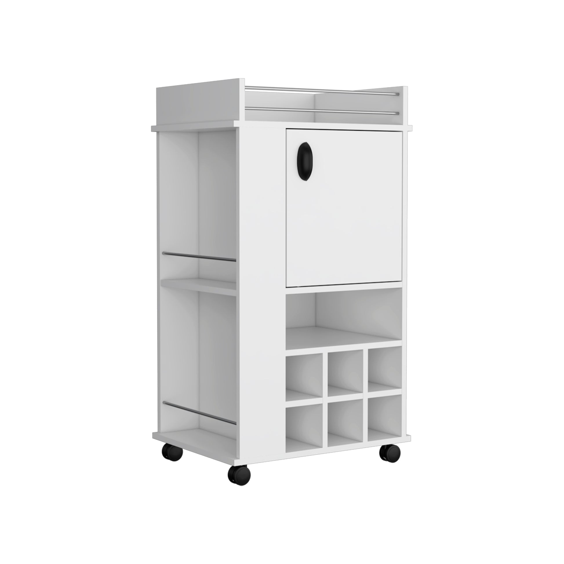 Fargo Bar Cart With Cabinet, 6 Built In Wine Rack And Casters White Primary Living Space Modern Particle Board Engineered Wood