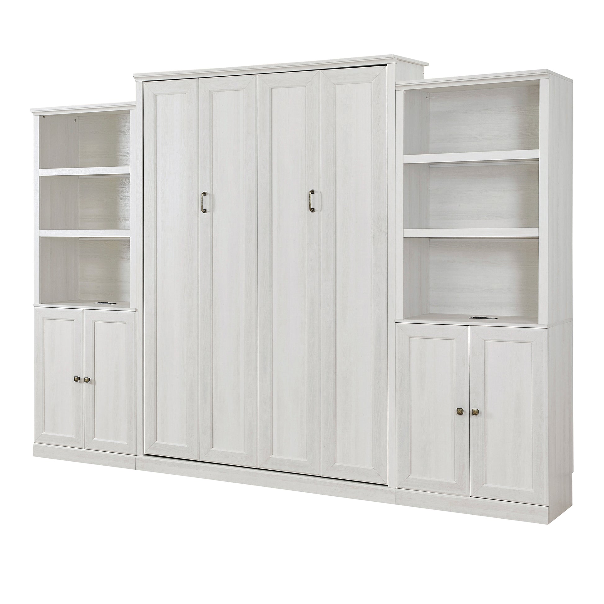 Queen Size Half Self Close And Open Murphy Bed With 2 Side Cabinet Storage Shelf, Cabinet Space Saving Bed Perfect For Guest Room, Bed Room, Guest Room, Home Office, Rustic White Box Spring Not Required Queen Rustic White Wood White Pine Murphy Solid