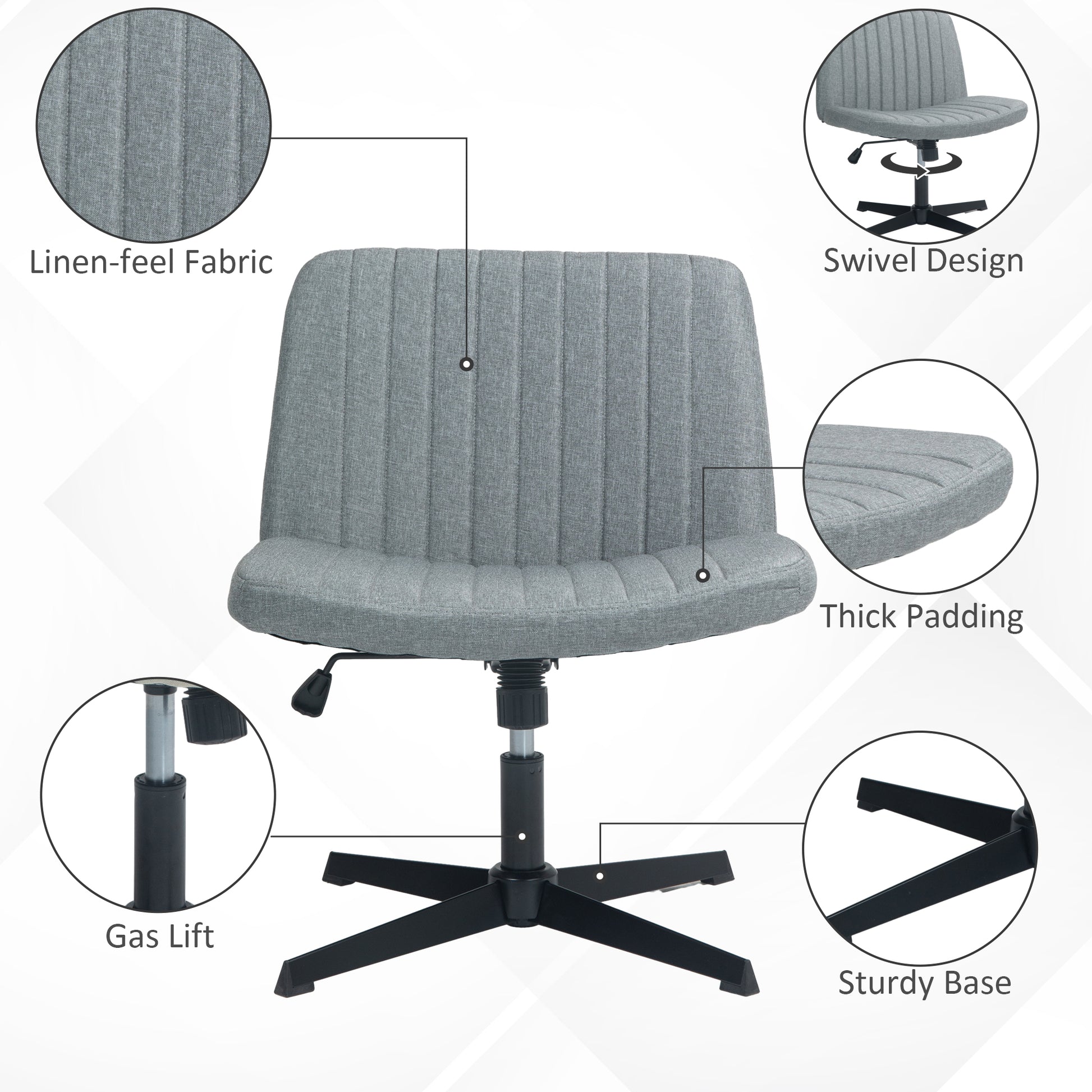Homcom Wide Office Chair, Armless Office Desk Chair, Computer Fabric Vanity Chair With Adjustable Height, Gray Grey Polyester