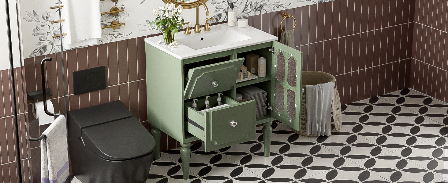 Retro Style 30'' Bathroom Vanity With Resin Sink Combo, Freestanding Single Vanity With 2 Drawers, Solid Wood Frame Bathroom Storage Cabinet, Green Green Bathroom Retro Solid Wood Mdf Resin