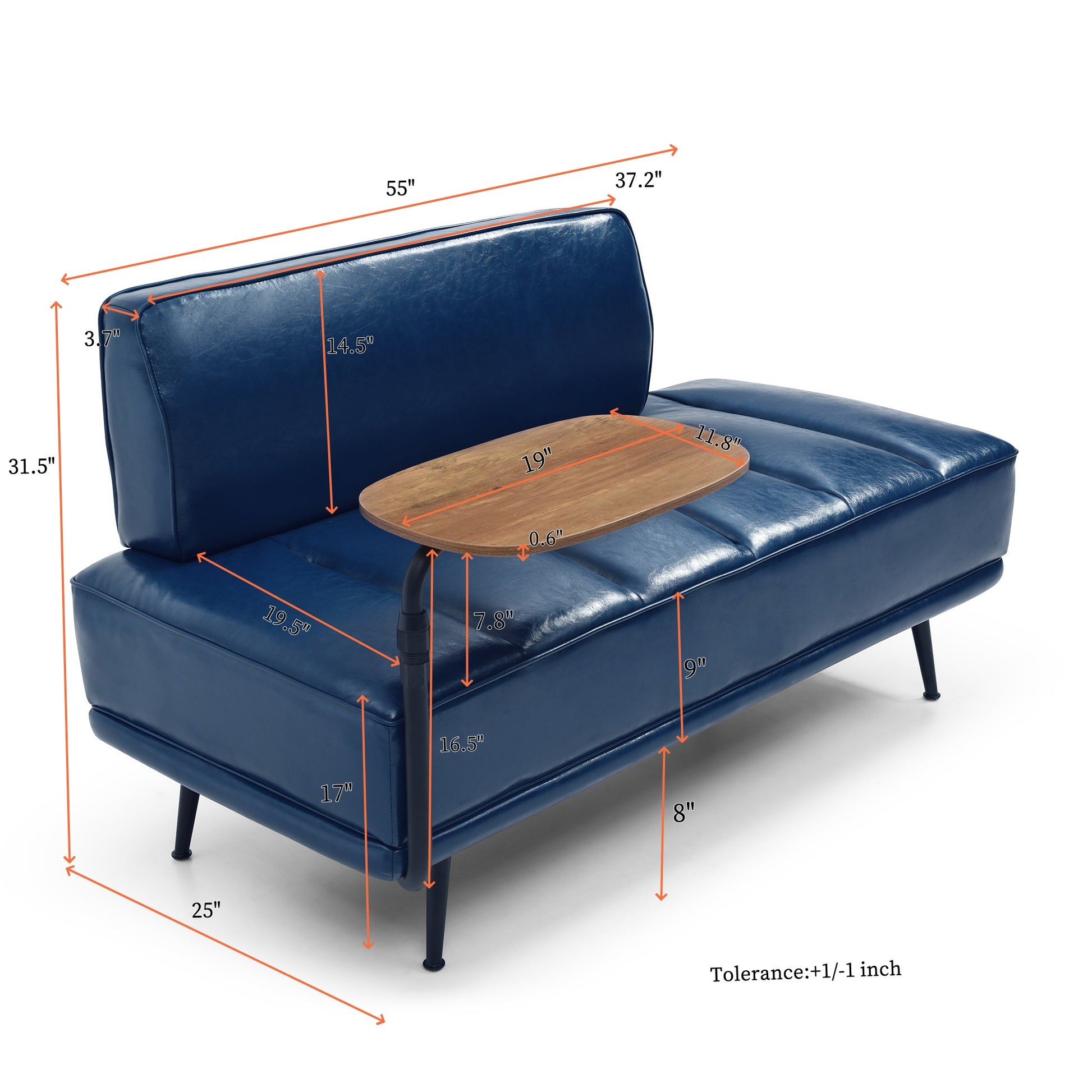 55"Inch Width Modern End Of Bed Bench,Blue Faux Leather Upholstered With Side Table, 360 Degree Swivel Tray Couch,Entryway Ottoman,Window Bench With Metal Legs For Bedroom, Living Room Blue Faux Leather Wood Primary Living Space Modern Foam Pu Leather 2