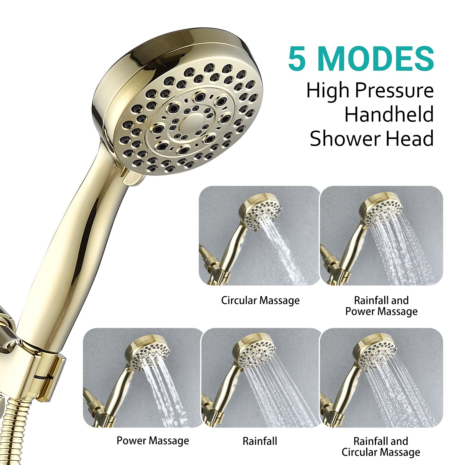 Polished Gold Wall Mounted Handheld Shower Head With 5 Adjustable Settings And Hose Polished Golden Stainless Steel