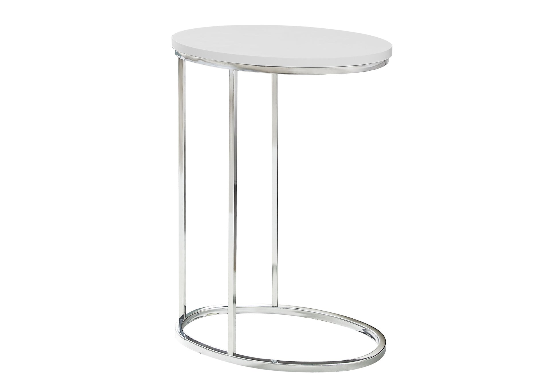 Accent Table, C Shaped, End, Side, Snack, Living Room, Bedroom, Glossy White Laminate, Chrome Metal, Contemporary, Modern White Particle Board