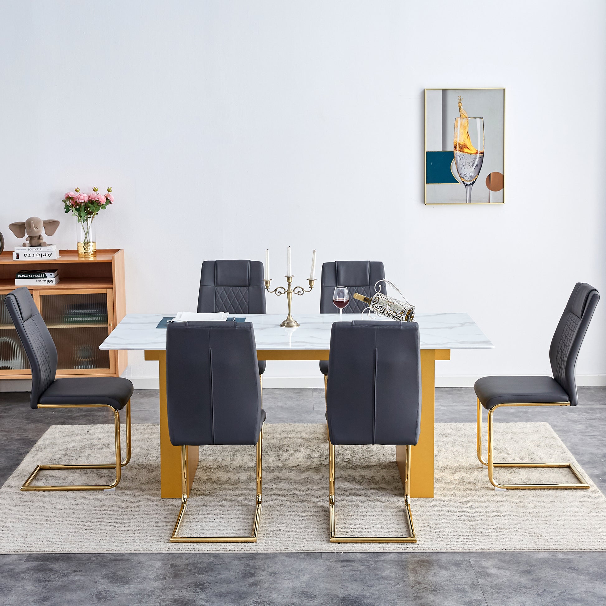 Table And Chair Set.Large Modern Rectangular Table With 0.4 Inch Patterned Glass Tabletop And Large Mdf Table Legs.Comes With 6 Chairs With Faux Leather Cushioned Seats And Golden Metal Legs. Gold White Seats 6 Mdf Glass