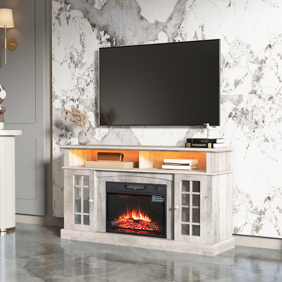 Tvstand,Media Console,Storage Cabinet,Entertainment Center,With Electronicfireplace,Install Theledbluetooth Band,Using The Latest Infrared Heating Technology,Electronic Flame Beautiful,Safe Color:Gray Gray Primary Living Space 60 69 Inches 60 69 Inches