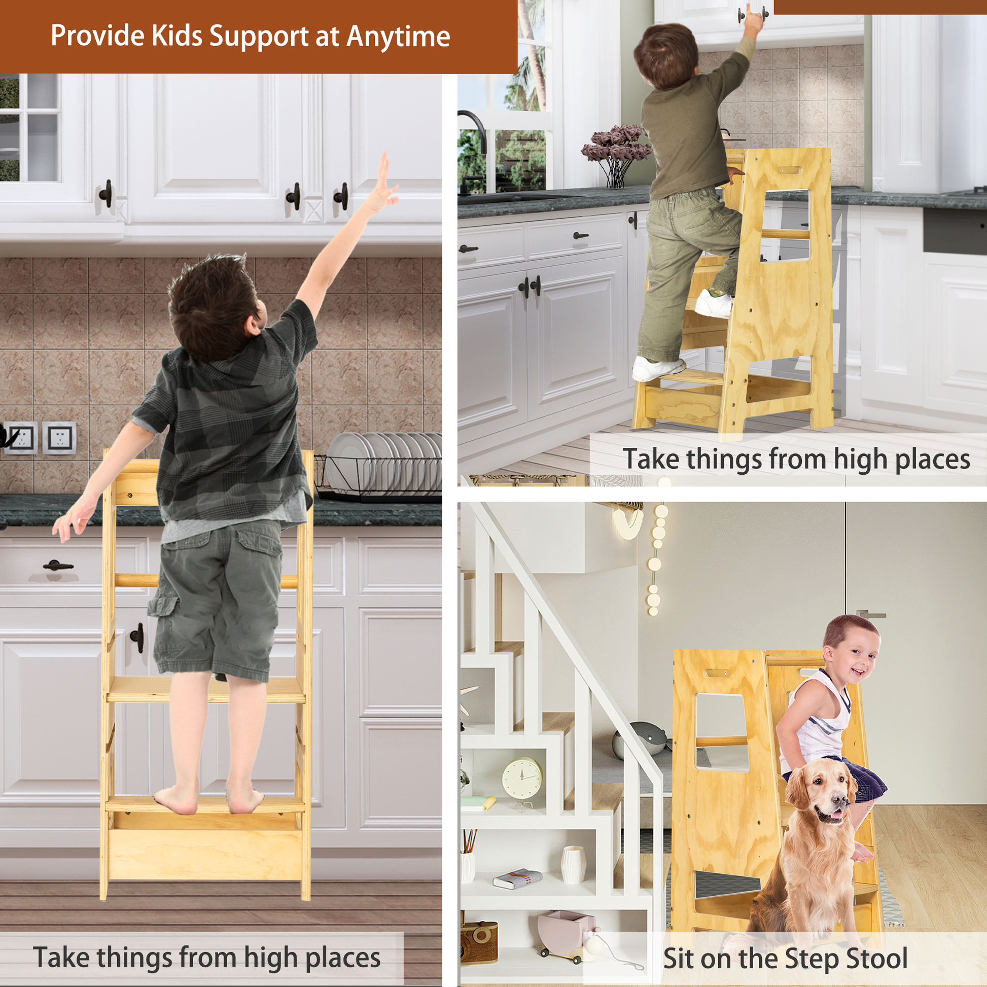 Toddler Standing Tower Kitchen Step Stool For Kid'S Adjustable Height Learning Stool, Toddler Kitchen Stool Helper Removable Anti Drop Safety Rail Stool For Bedroom, Bathroom, Natural Natural Wood