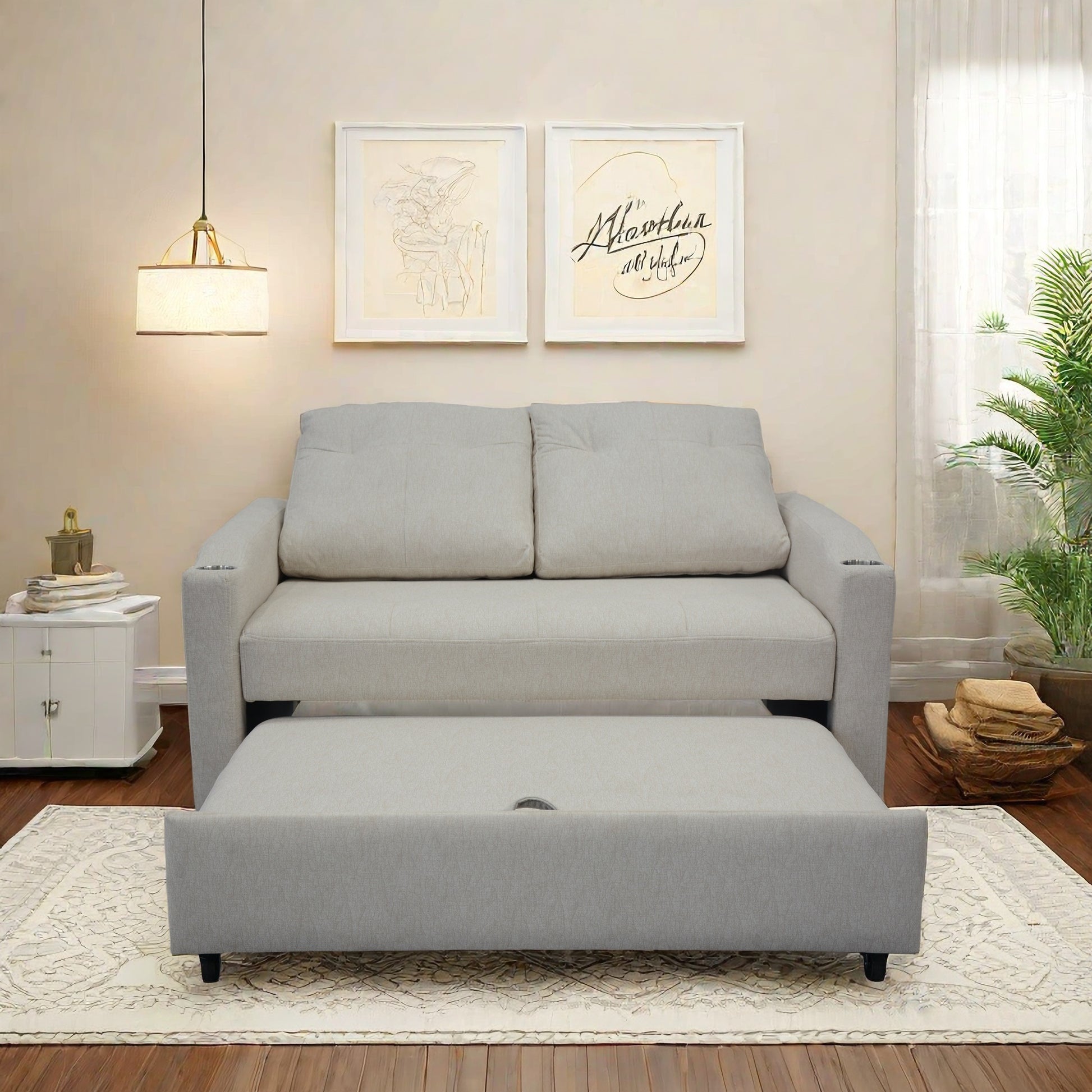 1 Versatile Foldable Sofa Bed In 3 Lengths, Modern Sofa Velvet Pull Out Bed, Adjustable Back And With Usb Port And Ashtray And Swivel Phone Stand Beige Sleep Sofa Beige Linen Wood Primary Living