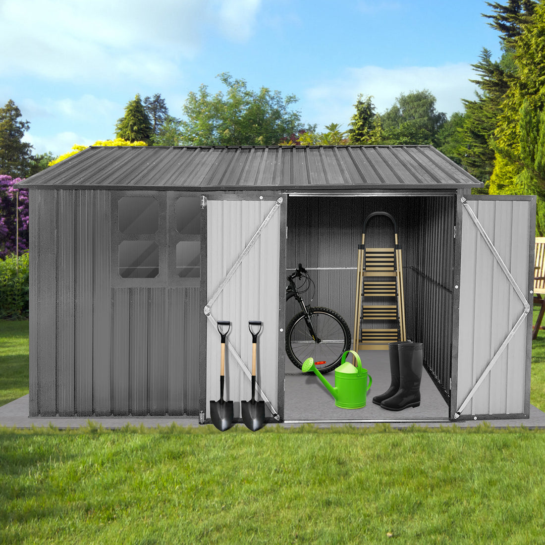 Metal Garden Sheds 10Ftx8Ft Outdoor Grey With Window Grey Metal