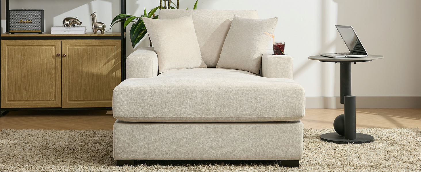 43.5" Oversized Chaise Lounger Modern Style Sofa Couch ,With Pillows, Charge Station & Cup Holders, Chenille Fabric, Cream Cream Chenille