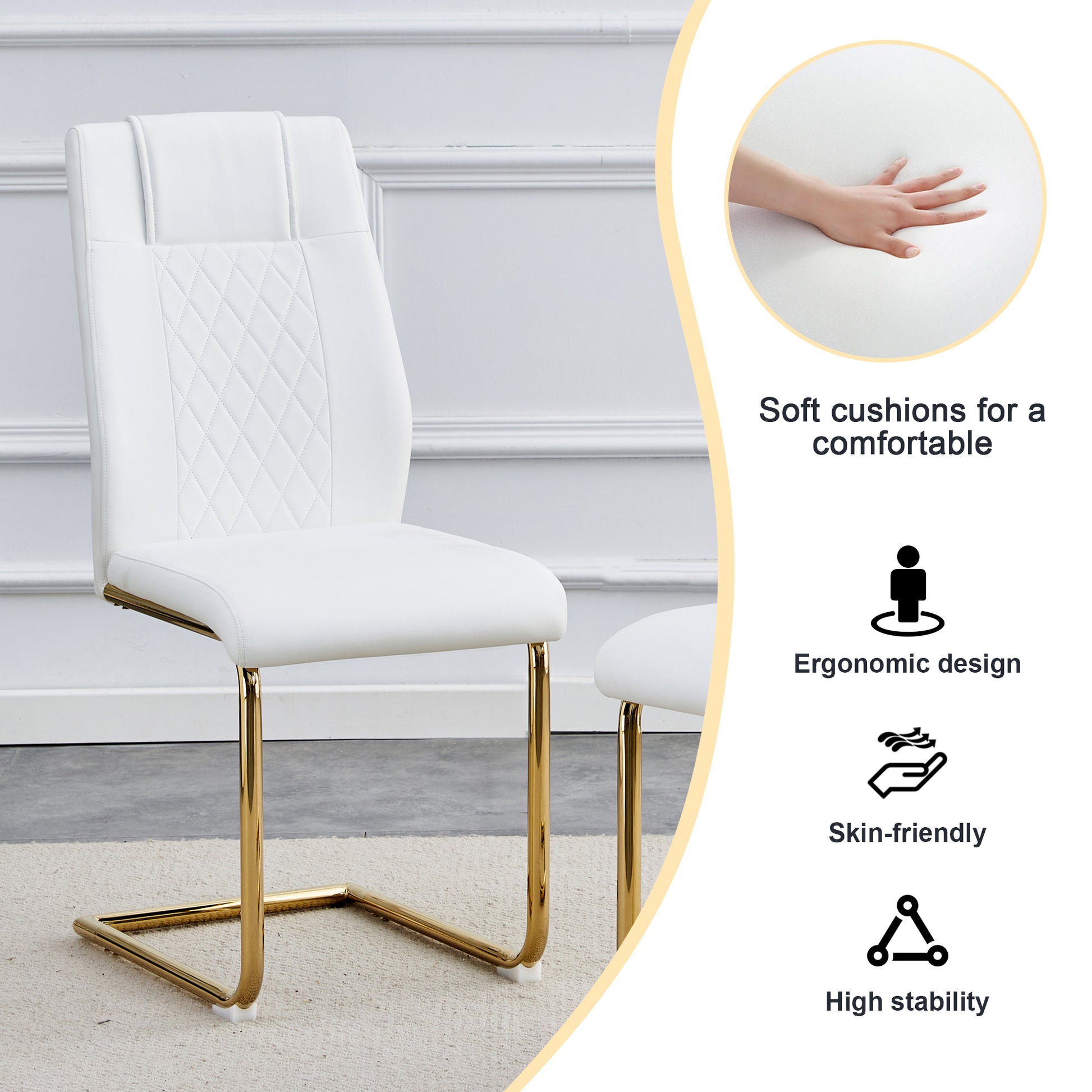 Table And Chair Set.Large Modern Rectangular Table With 0.4 Inch Patterned Glass Tabletop And Large Mdf Table Legs.Comes With 6 Chairs With Faux Leather Cushioned Seats And Golden Metal Legs. Gold White Seats 6 Mdf Glass
