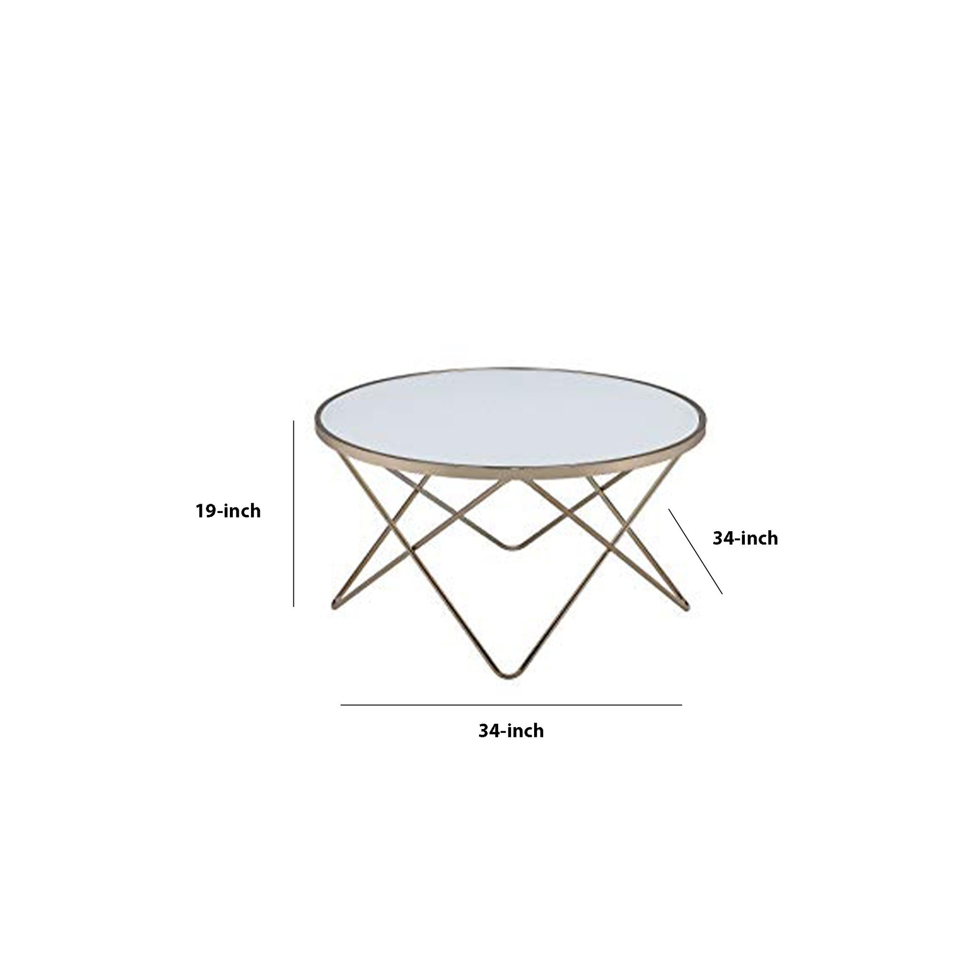 Contemporary Style Round Glass And Metal Coffee Table, White And Gold White Gold Glass Metal