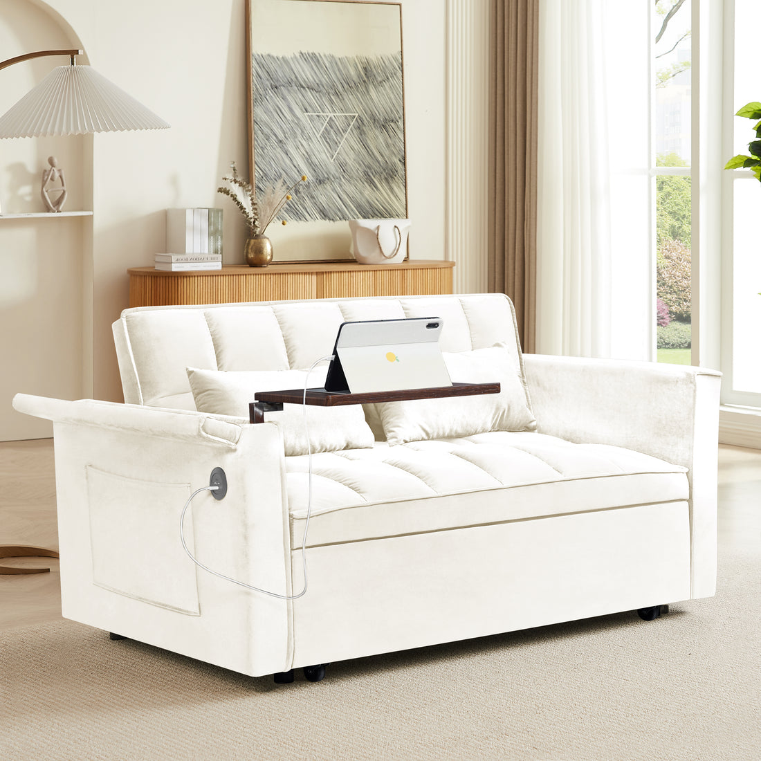 55.5 "3 In 1 Foldable Sofa Bed, Modern Velvet Double Sofa, Sofa Bed With Adjustable Back, Storage Bag And Pillow, Hidden Living Room Laptop Desk With Usb Port, Suitable For Living Room, Bedroom