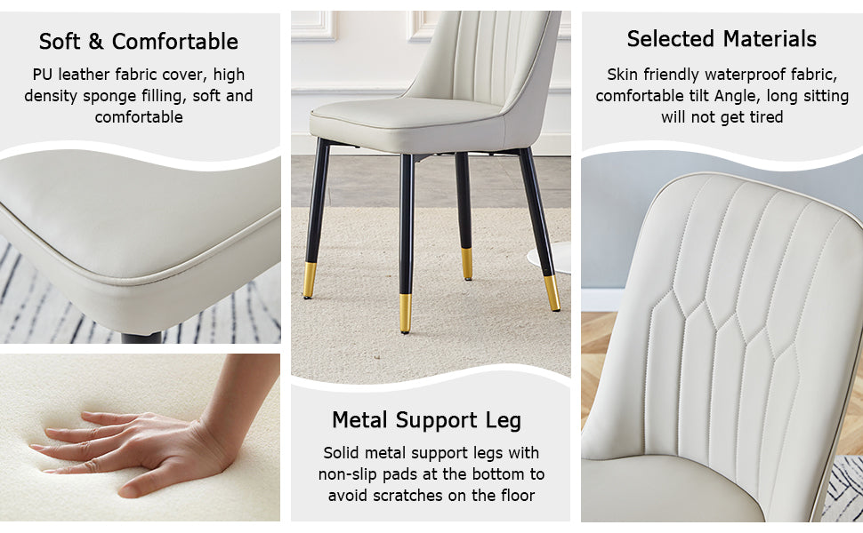 Table And Chair Set.Modern Rectangular Dining Table With Black Textured Stickers Glass Tabletop And Gold Plated Metal Legs.Paried With 4 Comfortable Chairs With Pu Seats And Black Metal Legs. Black Gold,Light Gray Seats 4 Glass Metal